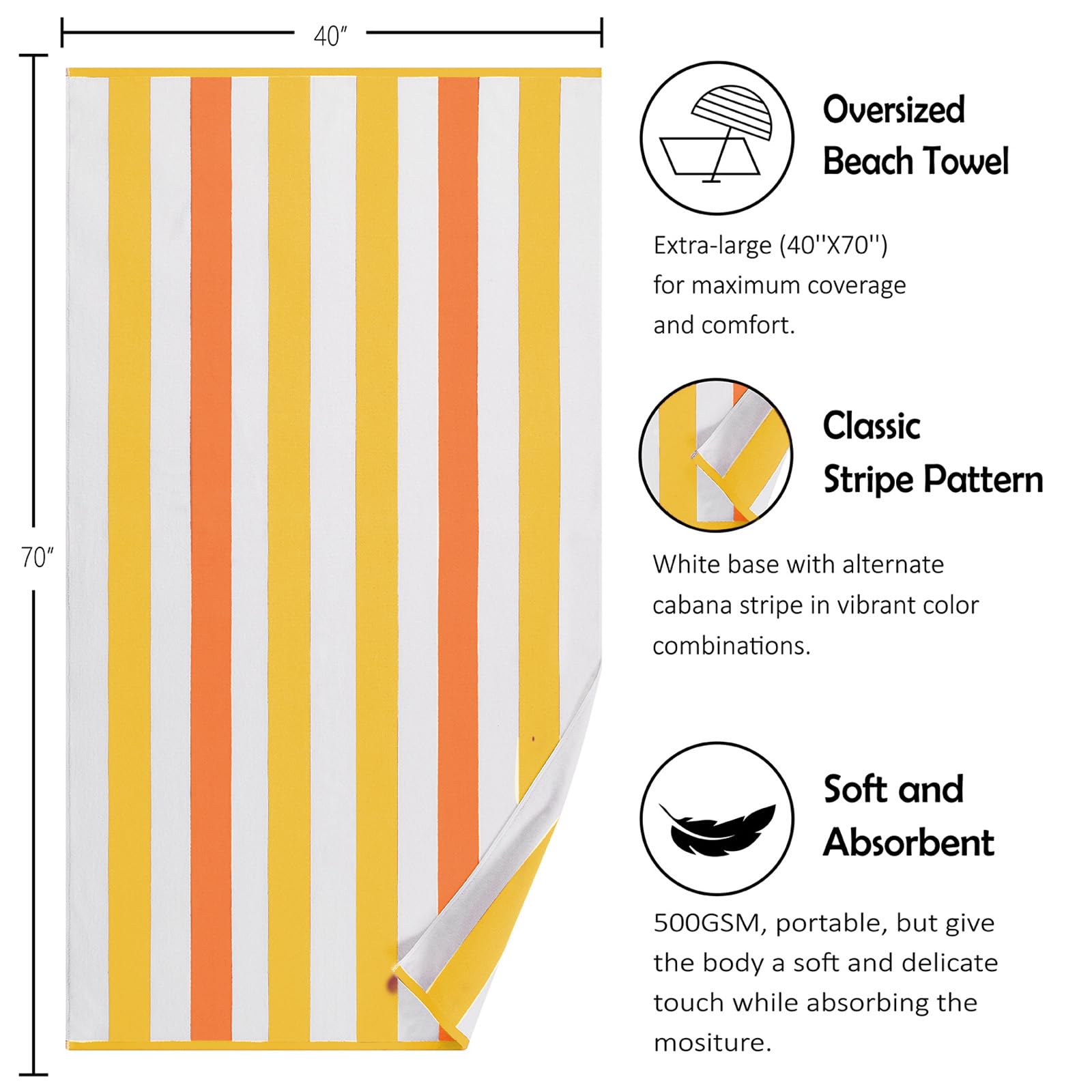 Bornbay Large Beach Towel Oversized - 40''X70'' Big Cute Beach Towels, Extra Large Plush Thick Pool Towel, Xl Wide Fluffy Yellow