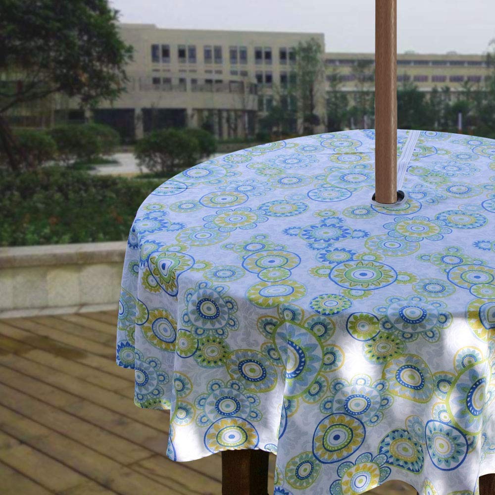 Melaluxe Spring/Summer Wrinkle-Free Waterproof Outdoor Tablecloth with Umbrella Hole and Zipper,60 Inch Round, Seats 4 People