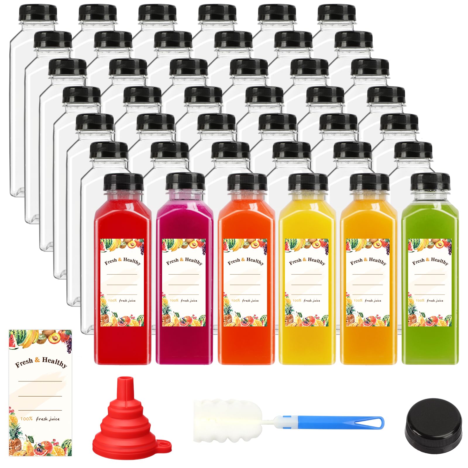 Moretoes 42Pcs 16 Oz Plastic Juice Bottles With Caps, Refrigerator Juice Container With Lid, Reusable Container And Clear Bevera