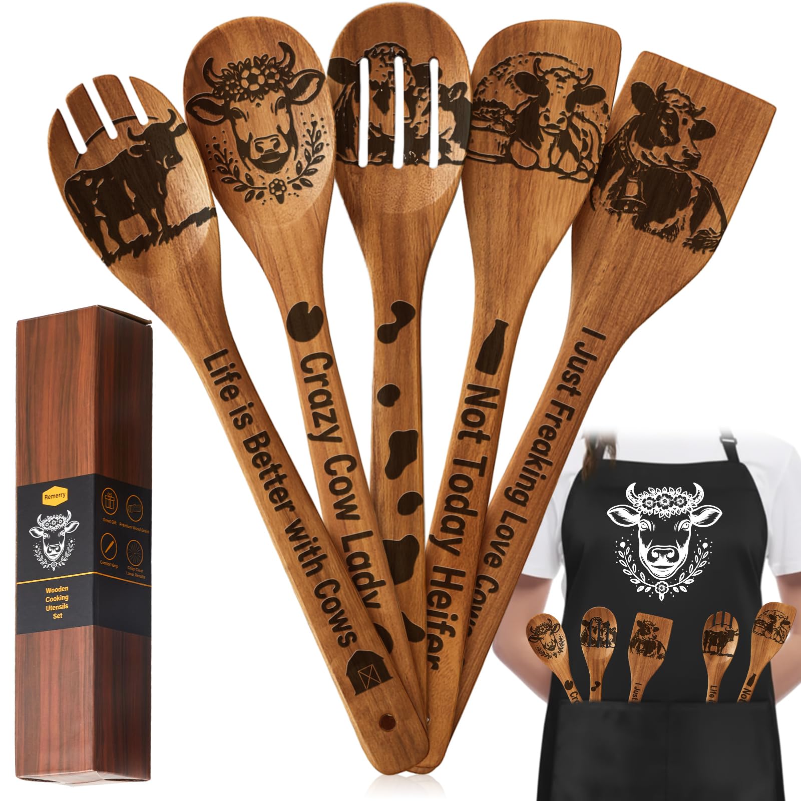 Remerry 6 Pcs Cow Gifts for Women Cow Kitchen Gift Set with Acacia Cooking Spoons Apron Kitchen Cooking Utensils Set for Mother