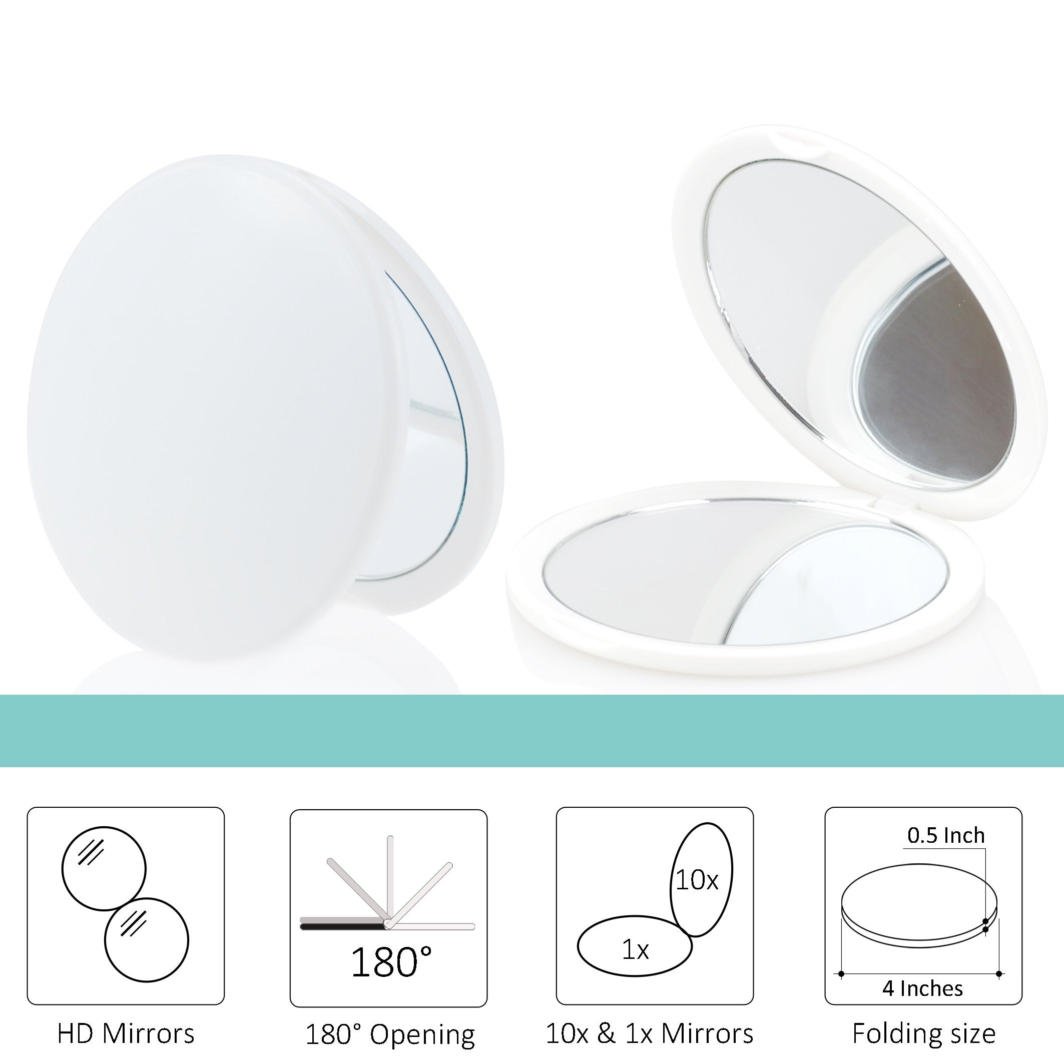 Makeup Pocket Mirror With 10X Magnification Glass Plus Plain Mirror (White)