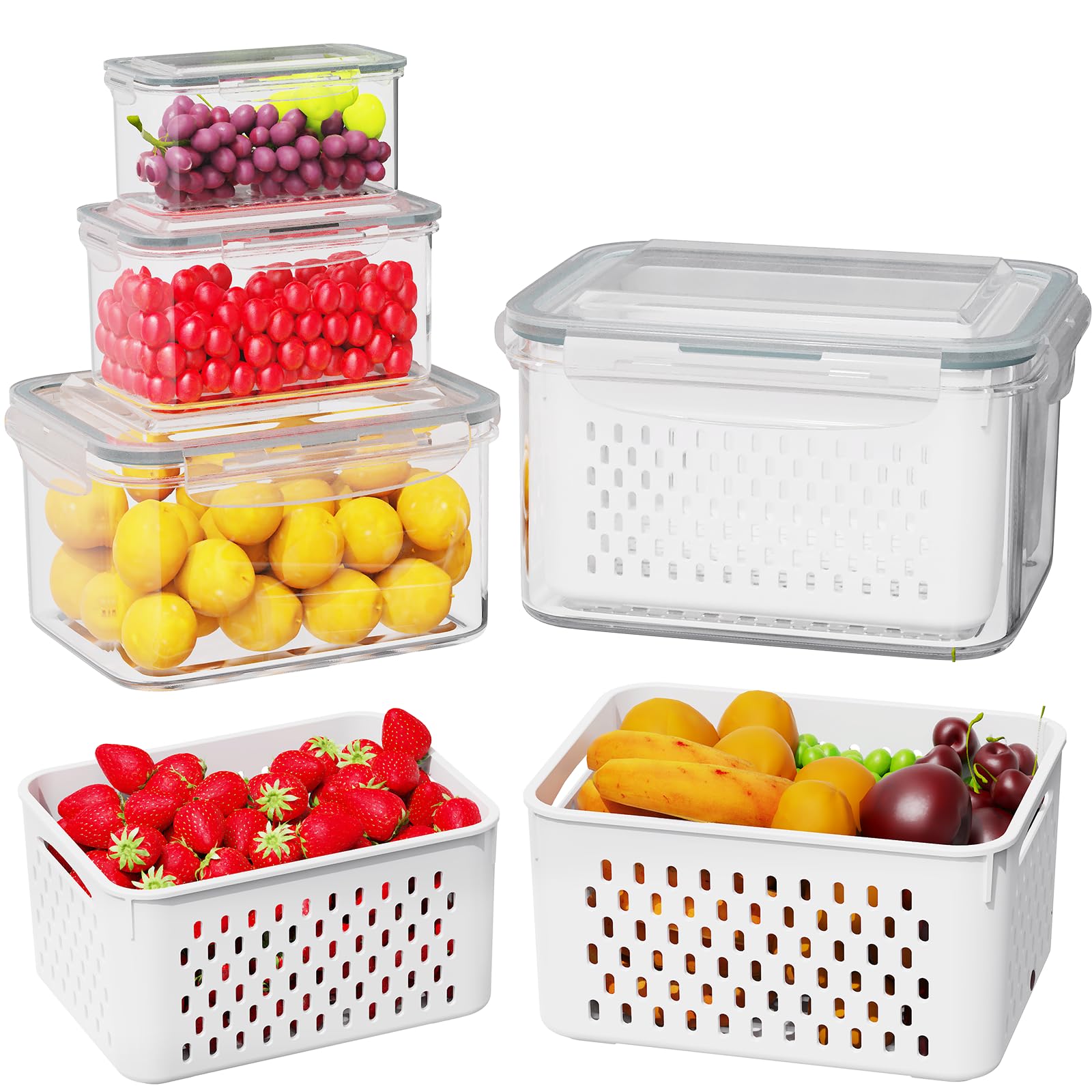 4 Pcs Fruit Storage Containers for Fridge (with Drain Basket) - Leak-Proof Food Containers, BPA-Free, Keep Fruits, Vegetables, B