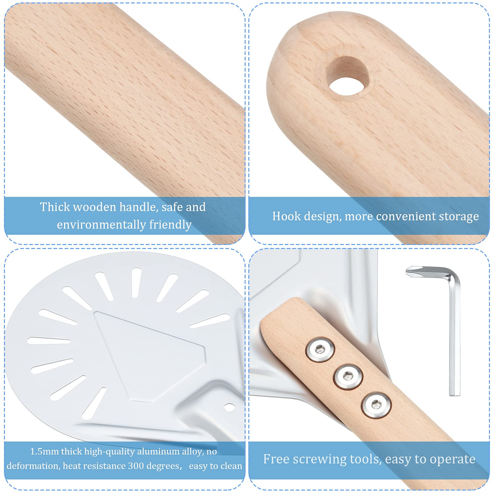 Patelai Round Perforated Pizza Peel with 16 Inch Wooden Handle, 10 Inch Metal Pizza Paddle, Silver, Model Patelai-3665