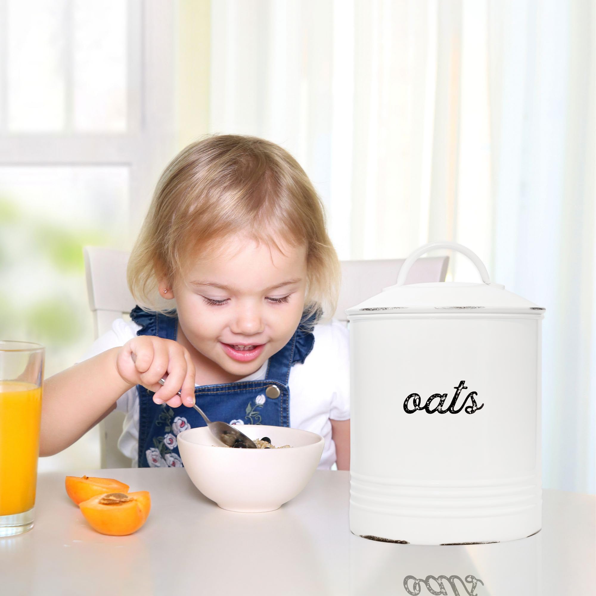 AuldHome Farmhouse Enamelware Oatmeal Canister (White); Rustic Distressed Style Oats Storage for Kitchen
