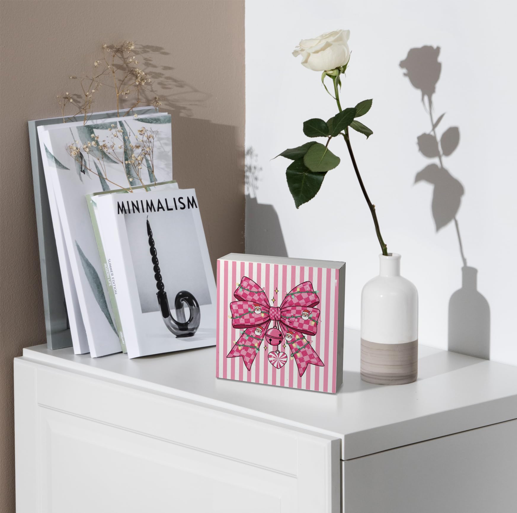 kunlisa Coquette Hot Pink Bow Christmas Wooden Sign, Preppy Christmas Decorations, Retro Girly Xmas Santa Checkered Bow Wood Box