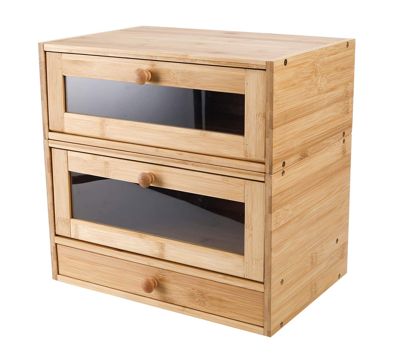 Izlif Bread Box For Kitchen Countertop Removable 2 Layer Natural Bamboo Bread Storage Container With Window And Utensil Flatware