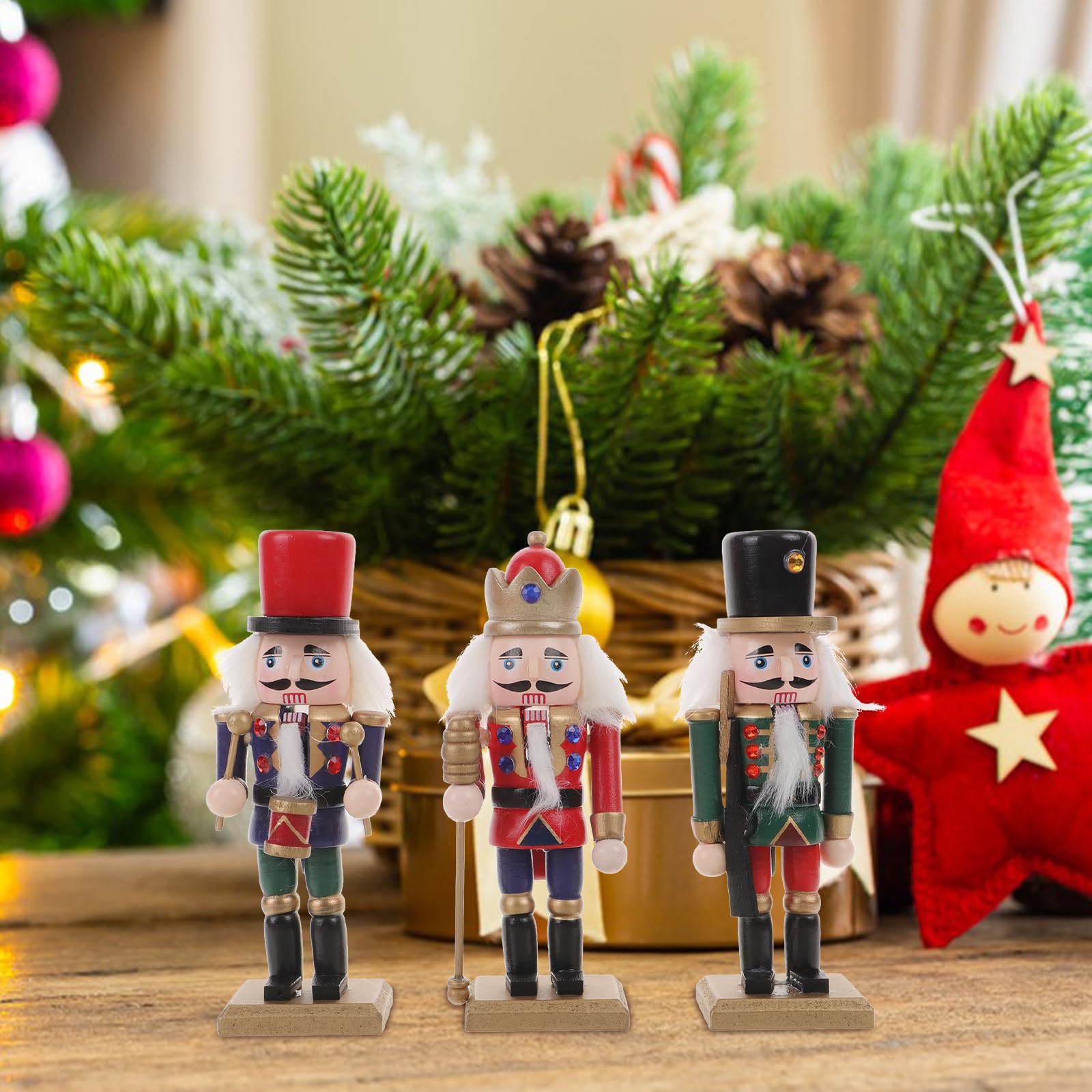 LIOOBO Christmas Nutcracker Ornaments: 3pcs Christmas Wooden Nutcracker Ornaments Puppet for Desktop Xmas Decoration