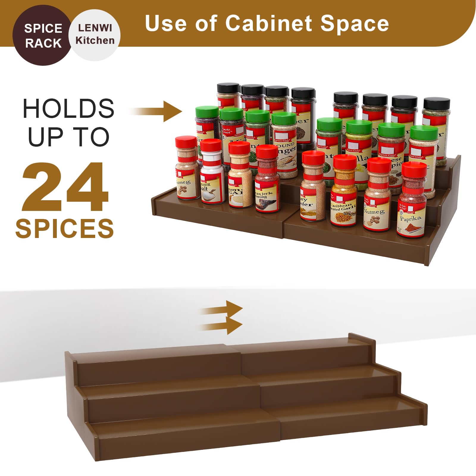 Lenwi Spice Rack Organizer for Cabinet, 3 Tier Expandable Bamboo Spice Storage, Great for Kitchen Cabinet, Cupboard,Pantry and M