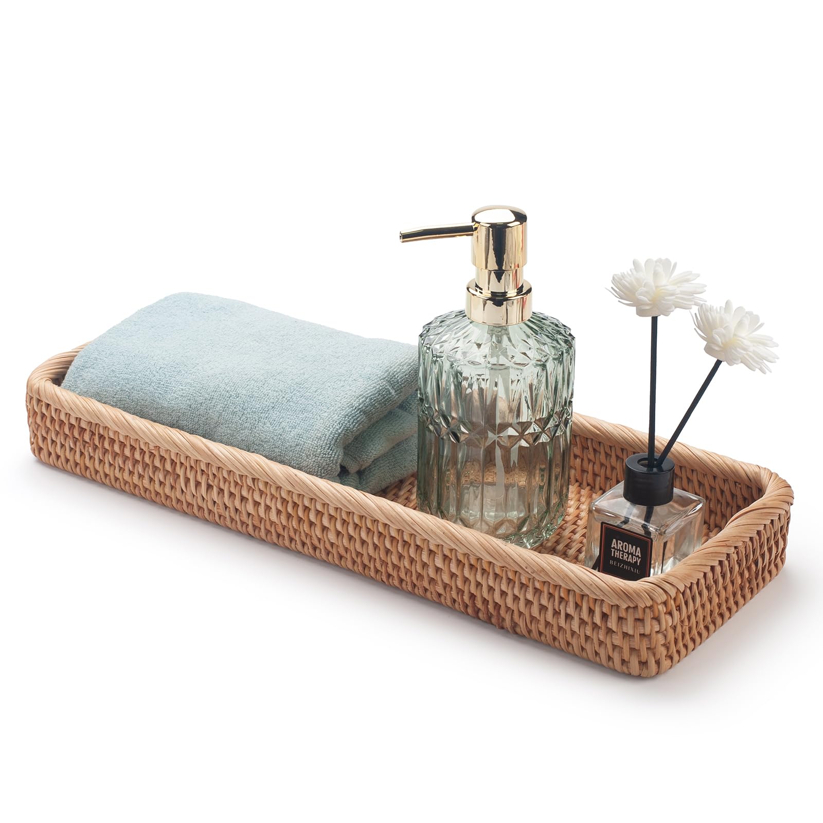 Rattan Bathroom Vanity Trays Toilet Tank Baskets Long Narrow Hand Towel Storage Basket For Storage, Decorative (Natural 16.3 X 6