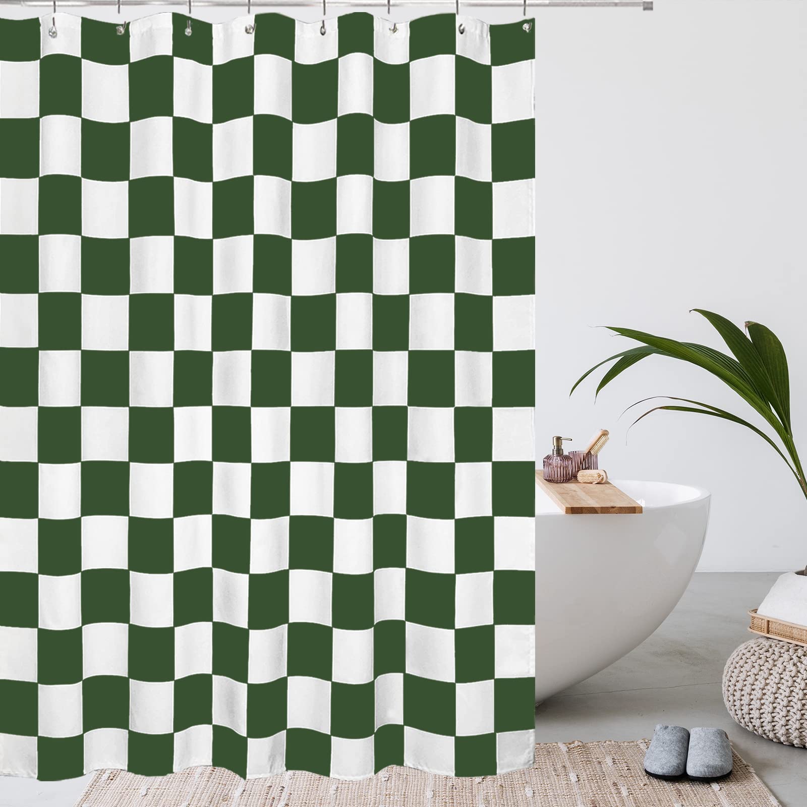 Tititex Aesthetic Checkerboard Grid Pattern Shower Curtain, White Olive Green Modern Shower Curtain Sets Decoration 71X71 Inch W