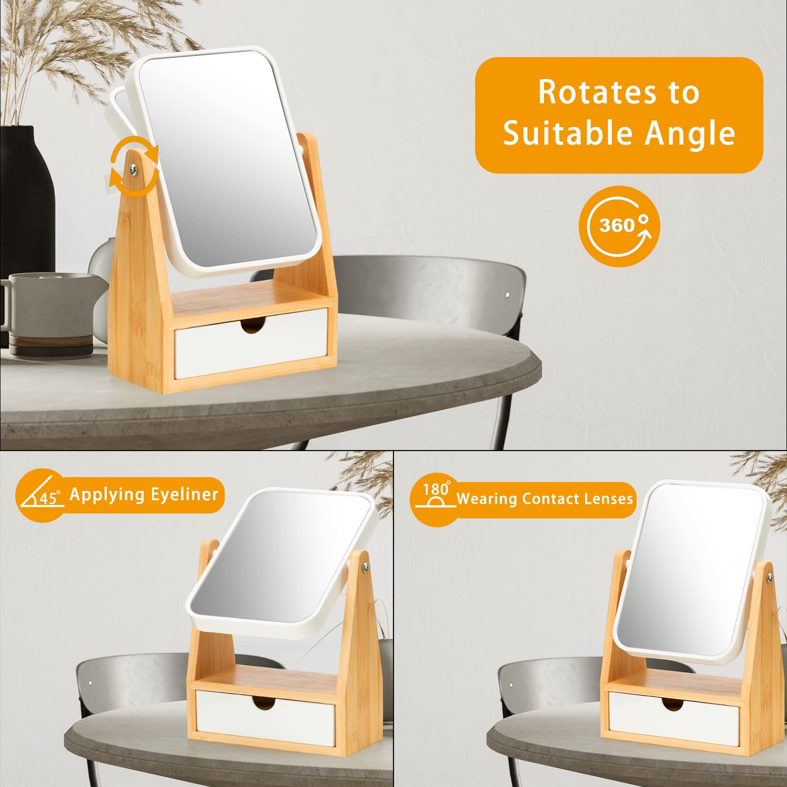 Yeake Vanity Makeup Mirror With Storage, 1X/3X Double Sided Magnifying Mirror With Adjustable Natural Bamboo Stand,Portable Smal