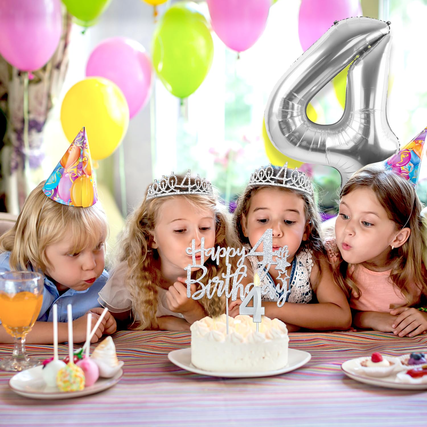 4th Birthday Decorations for Girls Silver with 4th Birthday Sash and Tiara, Cake Topper and Candle, Silver Number Balloon, 4 Yea