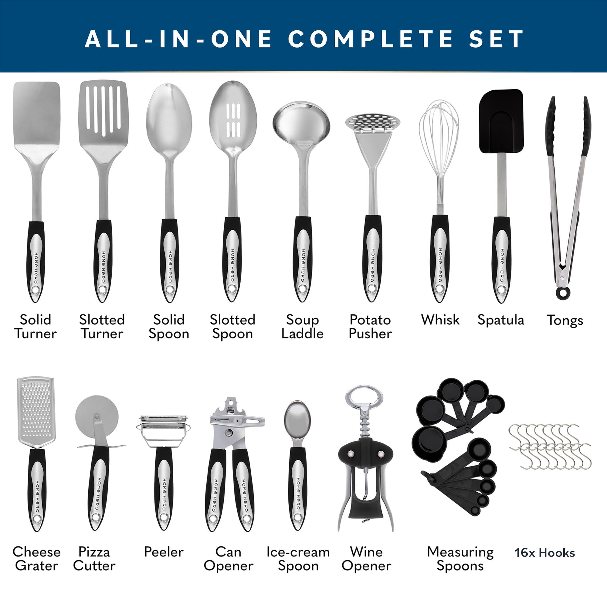 Home Hero Kitchen Utensils Set - Cooking Utensils Set with Spatula - First Home Essentials Utensil Sets - Household Essentials - Kitchen Gadgets & Kitchen Tool Gift (25 Pcs Set - Stainless Steel)