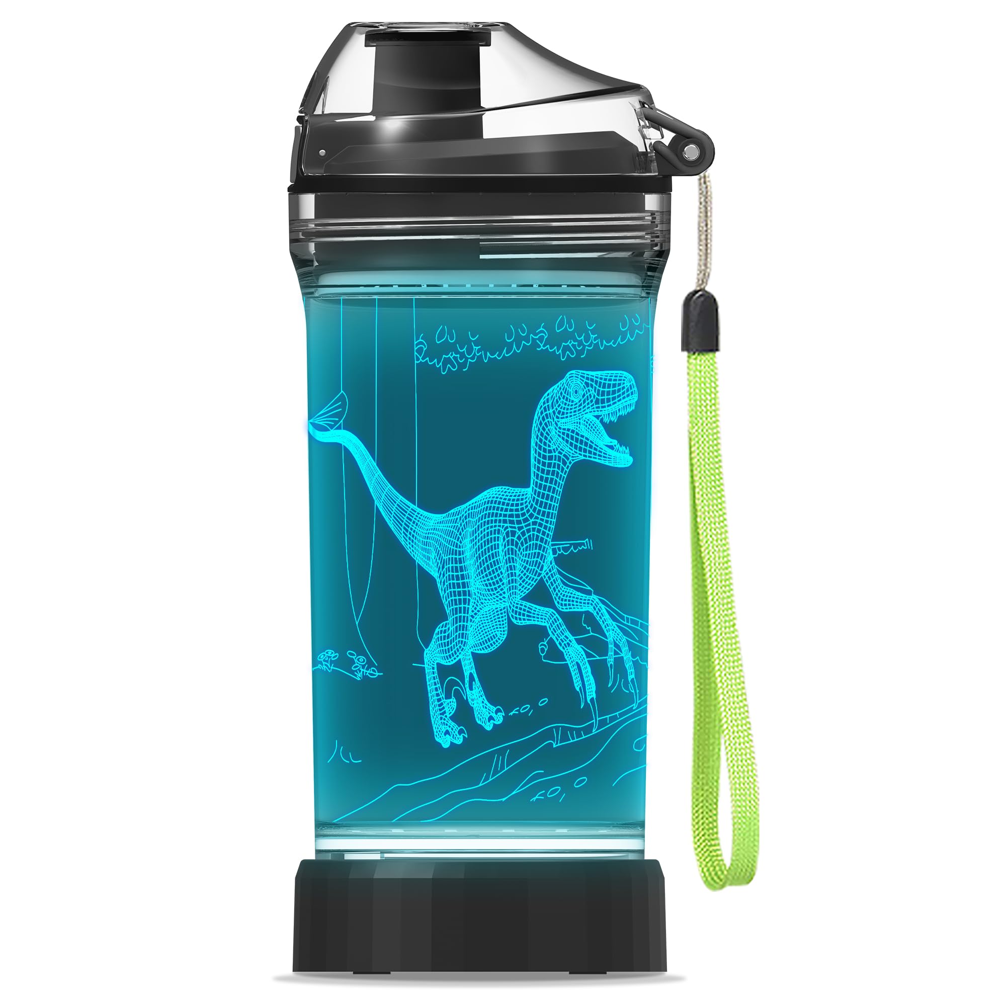 YuanDian Light Up Dinosaur Water Bottle with Color Changing Night Light 14 OZ Tritan BPA Free EcoFriendly  Cute Velociraptor 