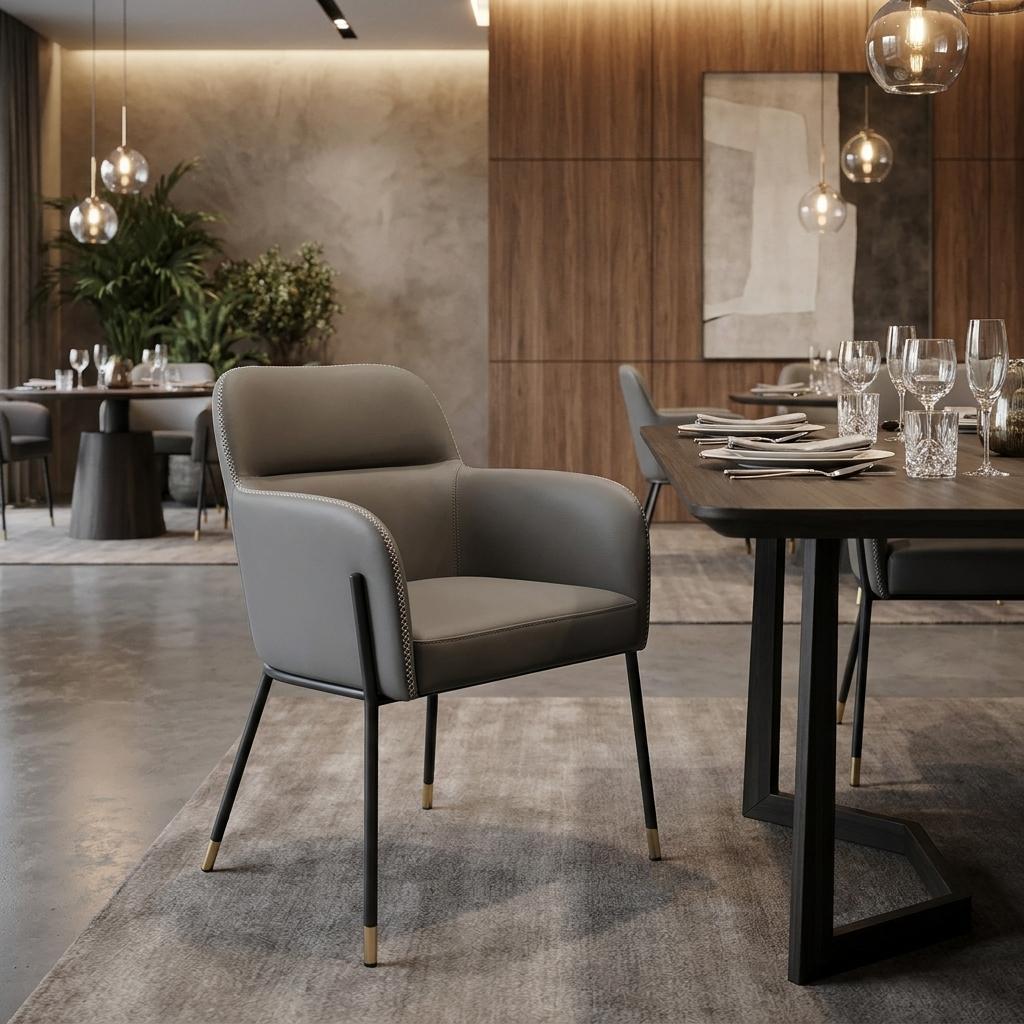 Dark Gray And Black Faux Leather And Steel Dining Arm Chair