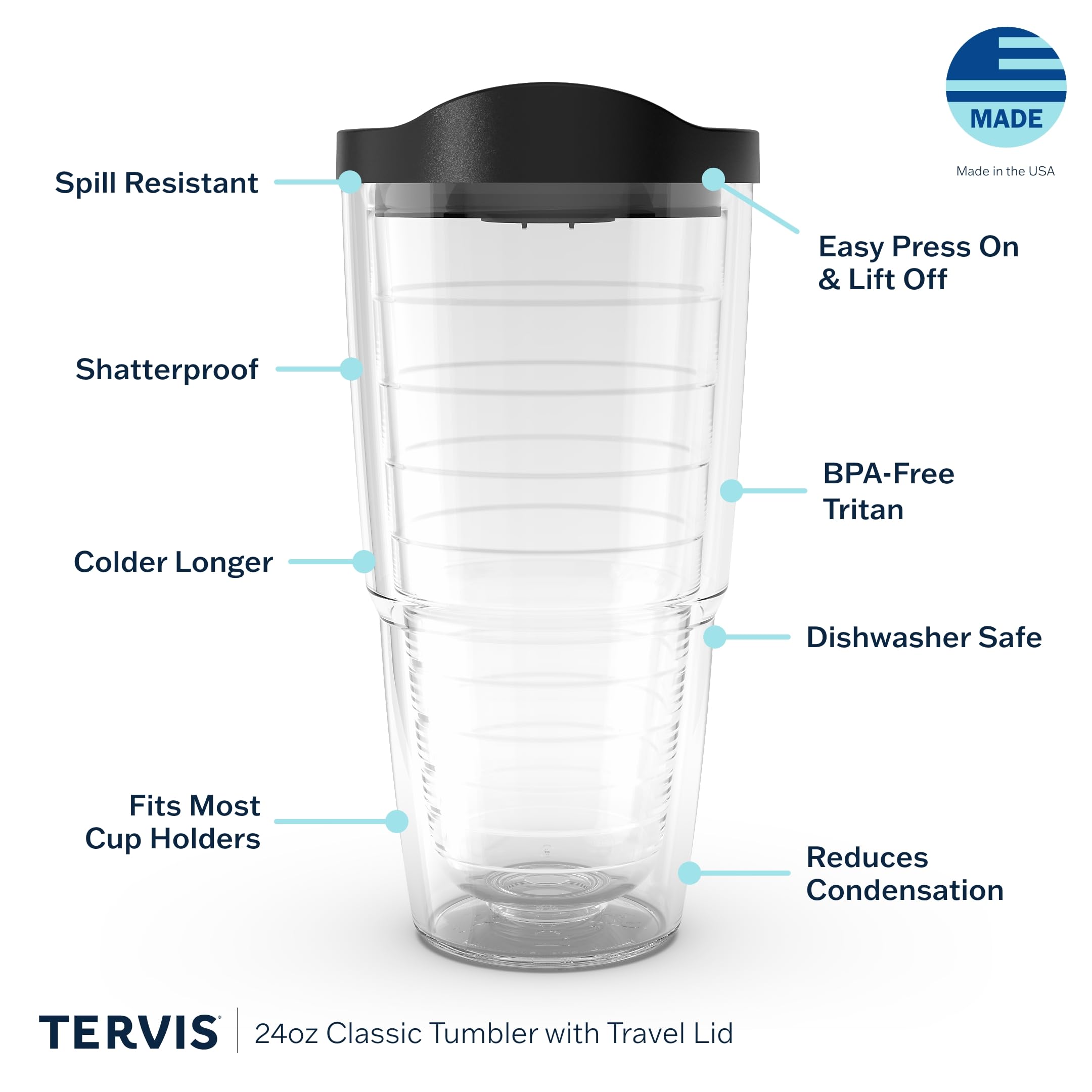 Tervis Clear & Colorful Lidded Made in USA Double Walled Insulated Tumbler Travel Cup Keeps Drinks Cold & Hot, 24oz, Red Lid