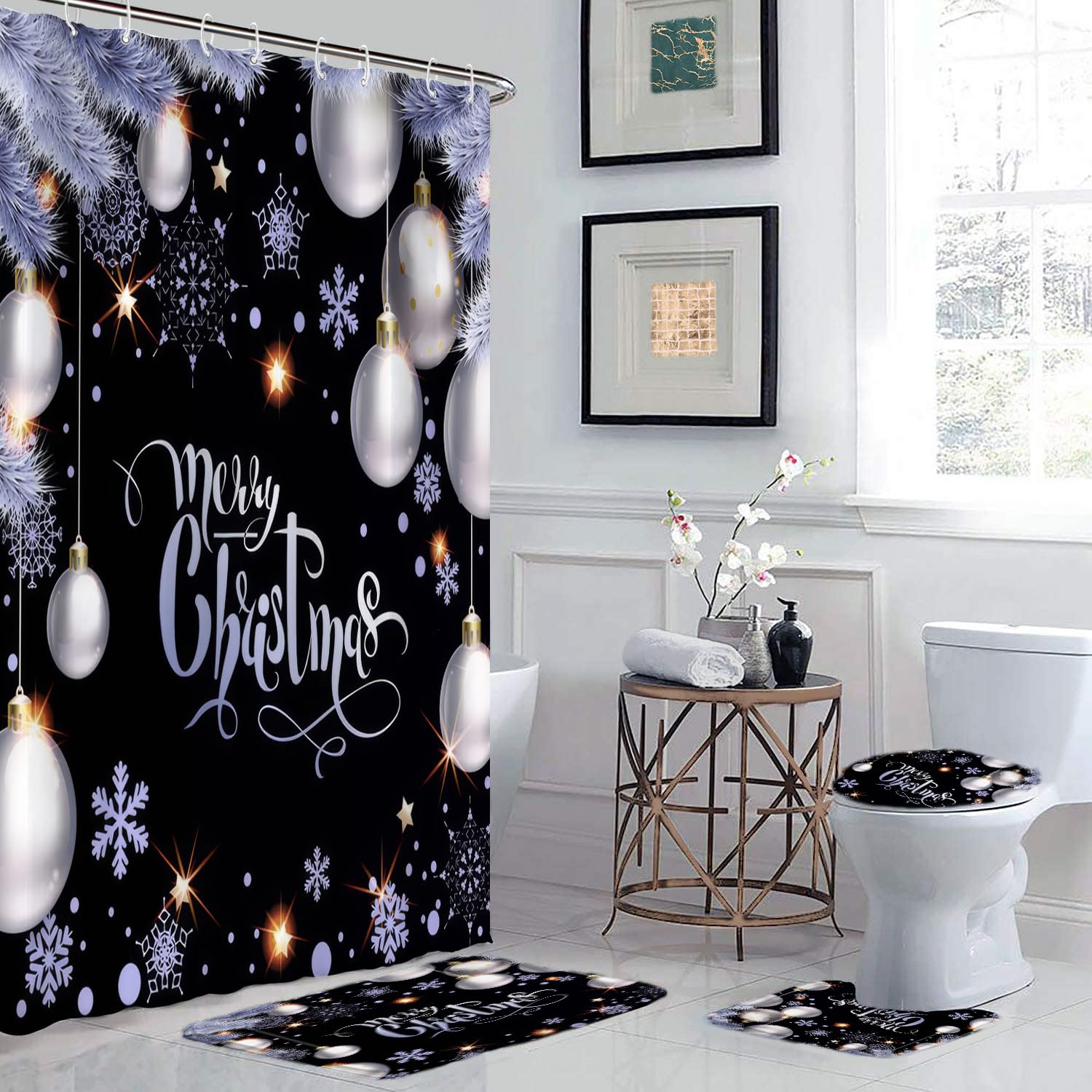 Griekowe 4 Pcs Xmas Ball Black Background Christmas Shower Curtain Set With Non-Slip Rugs, White Snowflake Winter Holiday Festiv