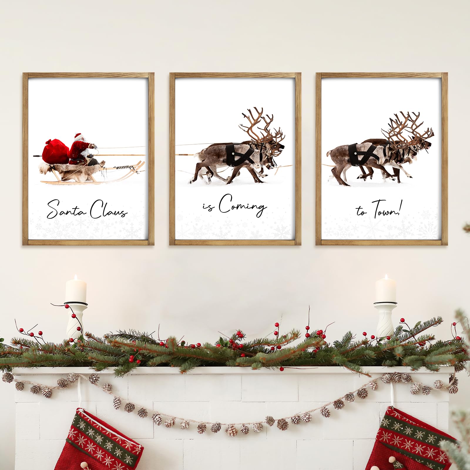 Litivy Framed Set Of 3 Christmas Wall Art Christmas Santa Claus With Sleigh Deer For Christmas Wall Decor Prints Xmas Sign For H