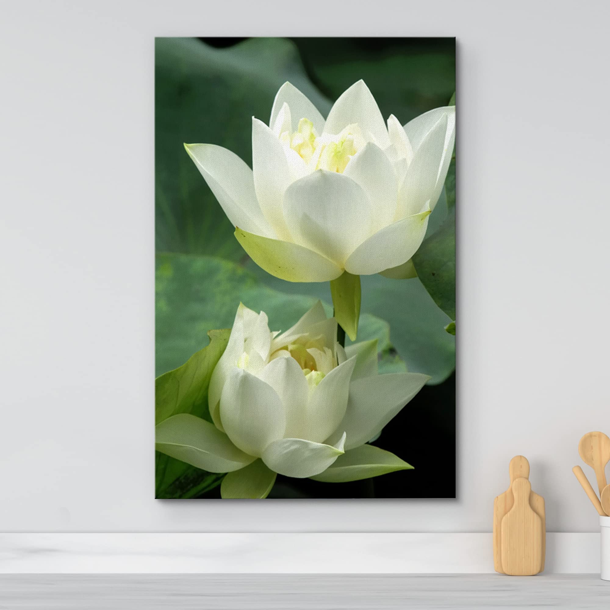 Canvas Prints Wall Art - White Lotus Flower And Green Lotus Leaf | Modern Wall Decor/Home Art Stretched Gallery Wraps Giclee Pri
