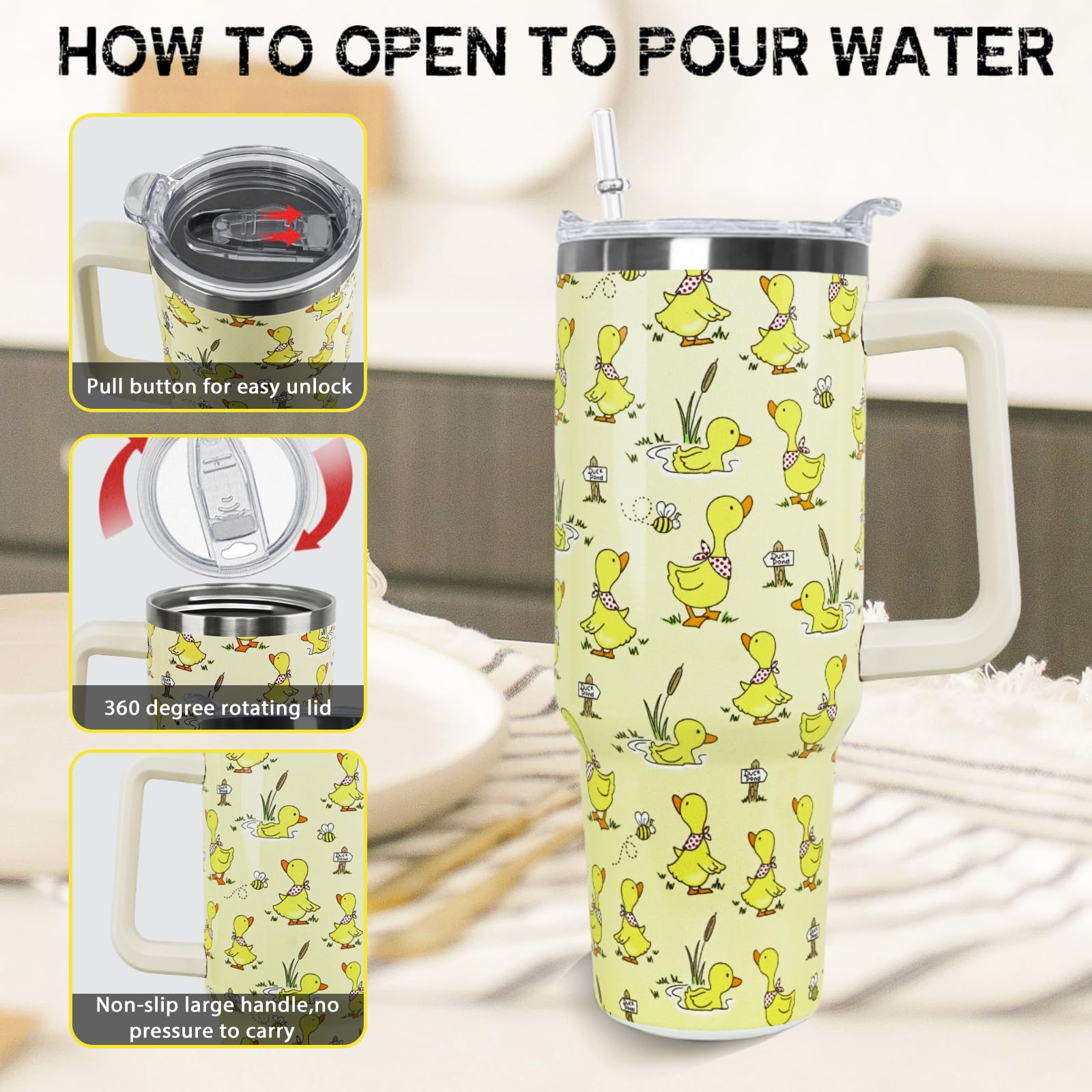 Nqhsionv Duck Tumbler with Handle and Straw 40 oz Duck Cup Cute Funny Coffee Travel Mug Stainless Steel Insulated Water Bottle D