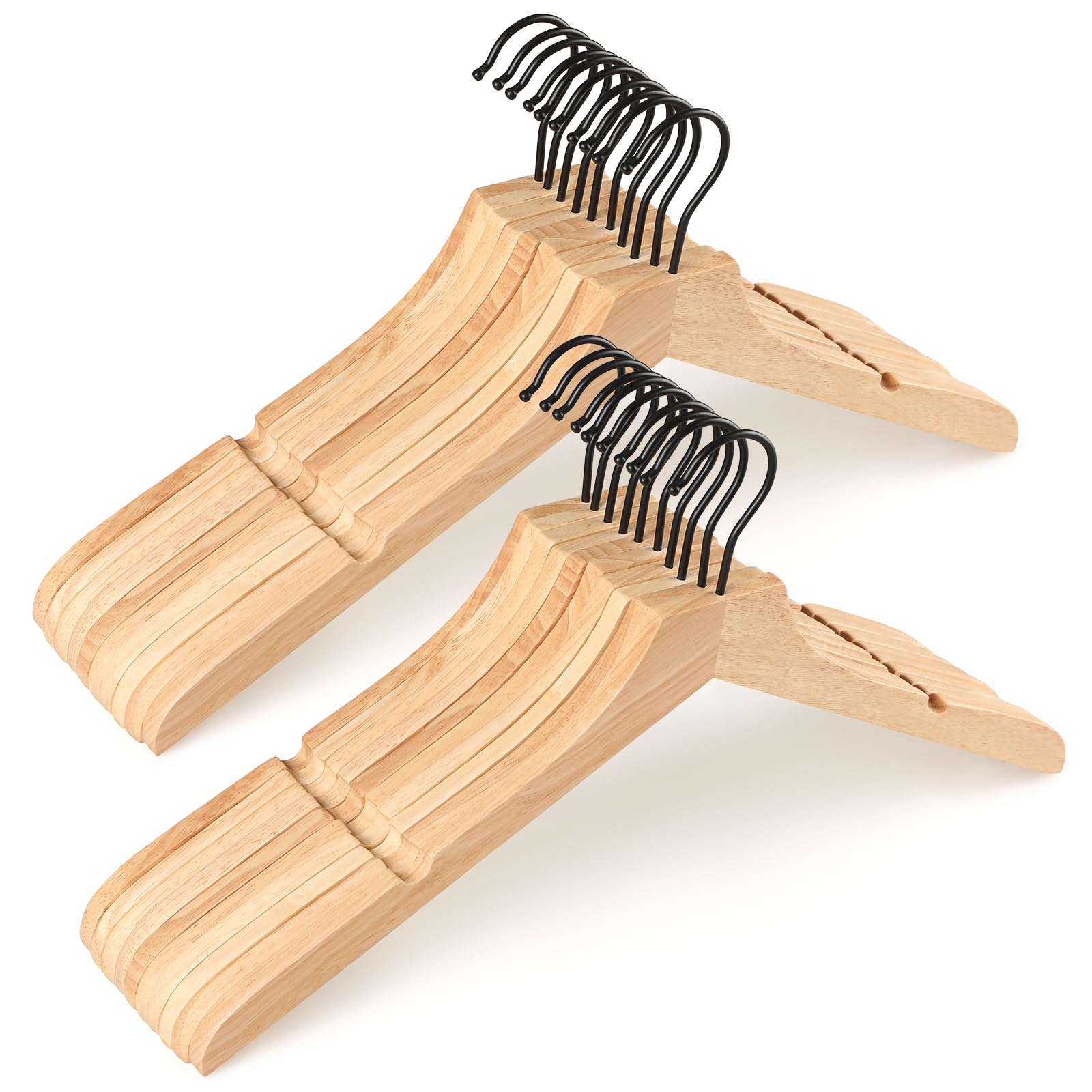 Topia Hanger Wooden Hangers 20 Pack, Rubber Wood Clothes Hangers With Rotatable Black Hook And Smooth Cut Nothces, Space Saving