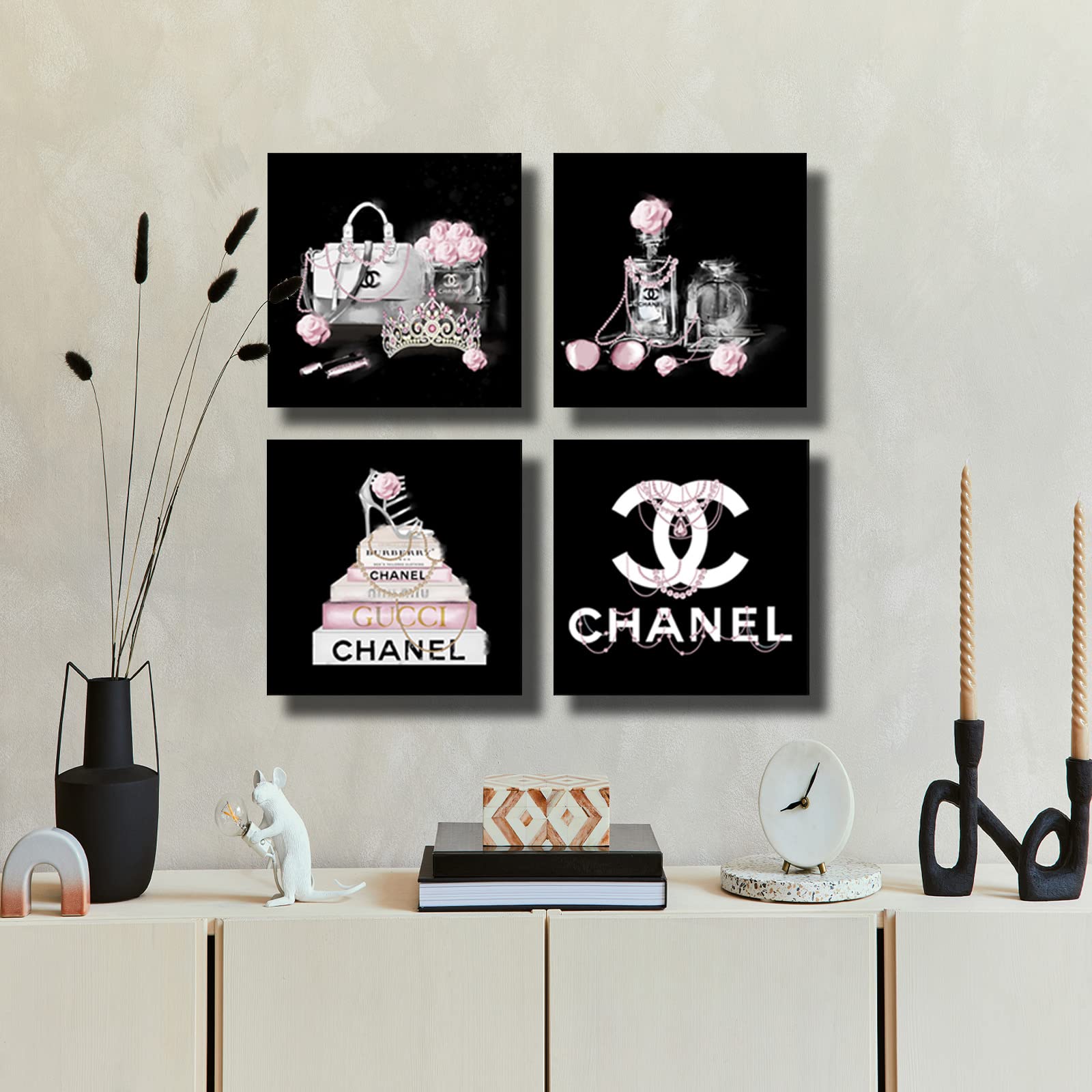 Meetdeceny Black And White Wall Art/Pink Book Pictures Room Decor For Teen Girls/Women Handbag Perfume Wall Decor For Living Roo