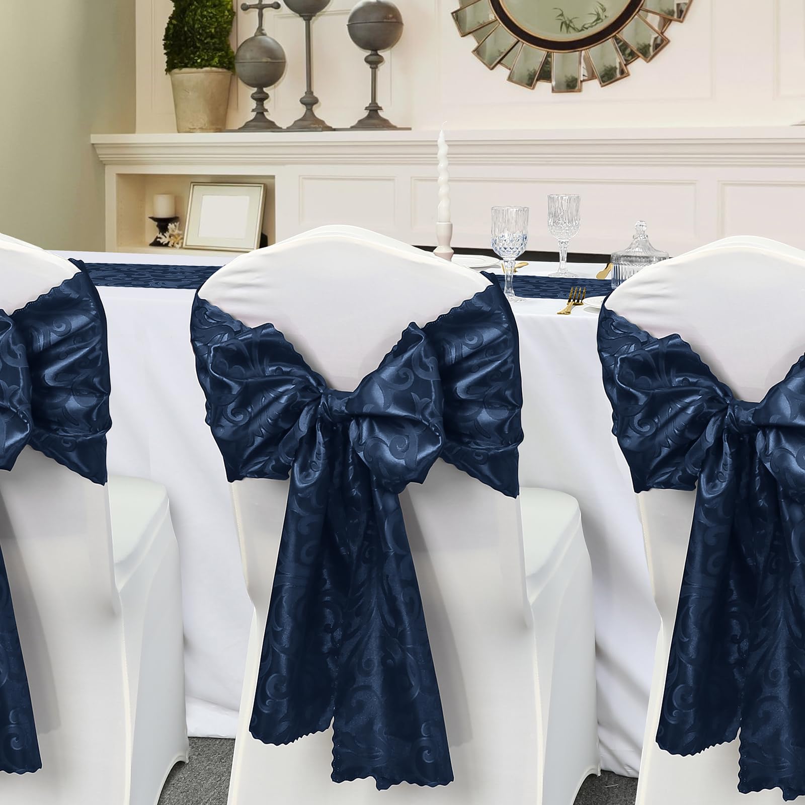 Eychei 2 Pack Navy Blue Satin Table Runner 12 X 108 Inch Long, Bright Smooth Damask Table Runner, Silky Jacquard Dinner Table Ru