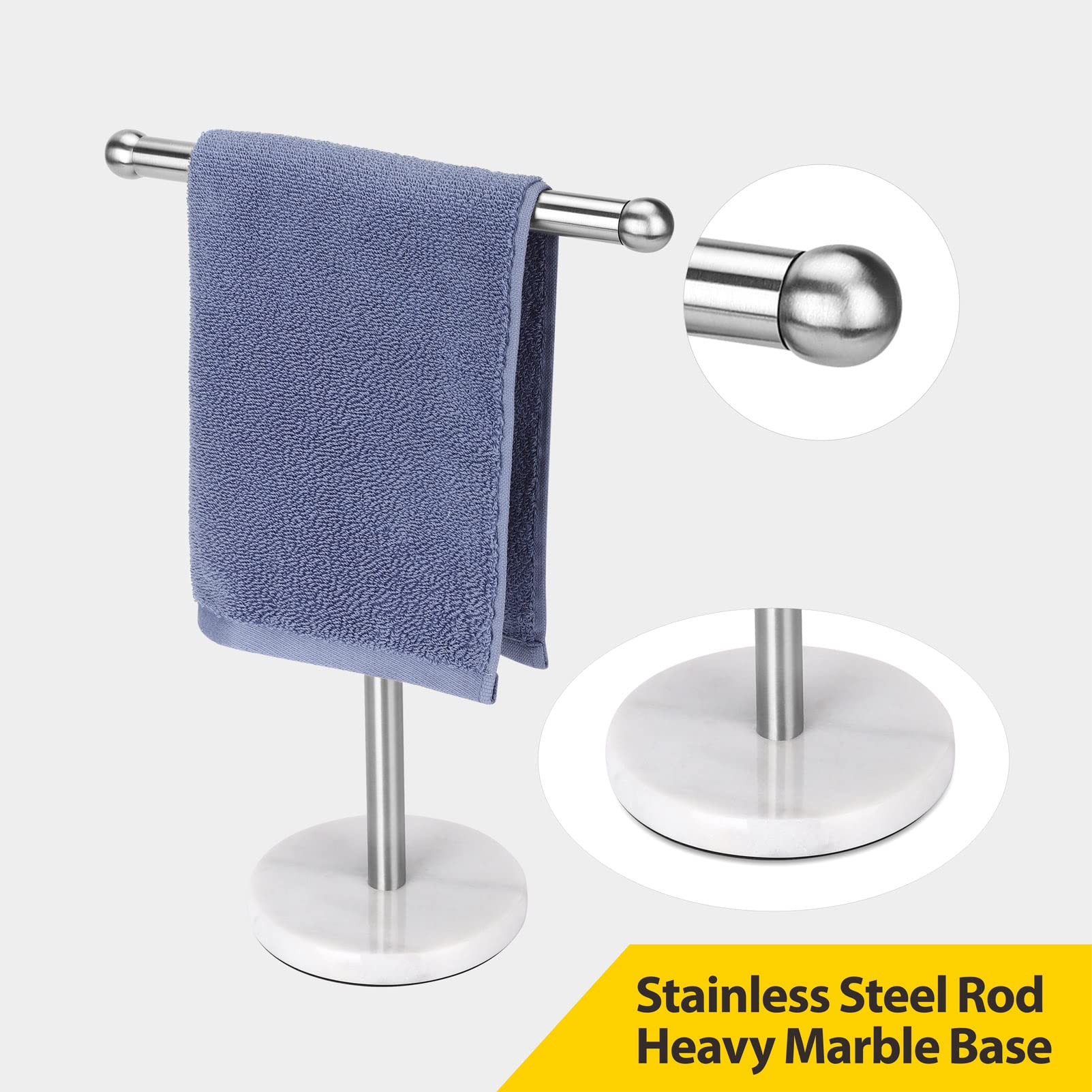 Hand Towel Holder Stand With Heavy Marble Base, T-Shape Towel Rack, Free-Standing For Bathroom Vanity Countertop, 304 Stainless