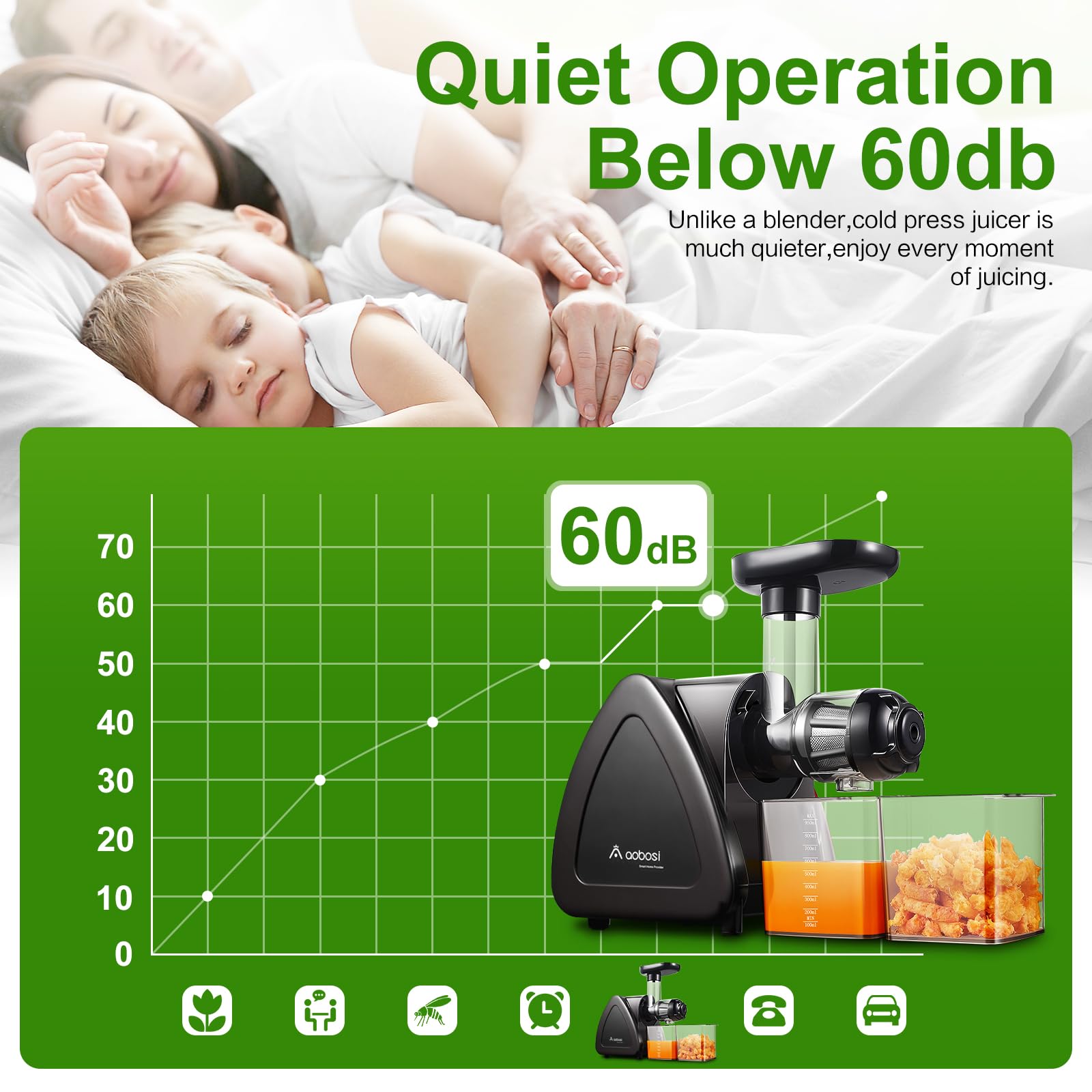 Juicer Machine  Aobosi Slow Masticating Juicer  Cold Press Juicer Machines with Reverse Function  Quiet Motor  High Juice Yield with Juice Jug & Brush for Cleaning  Black