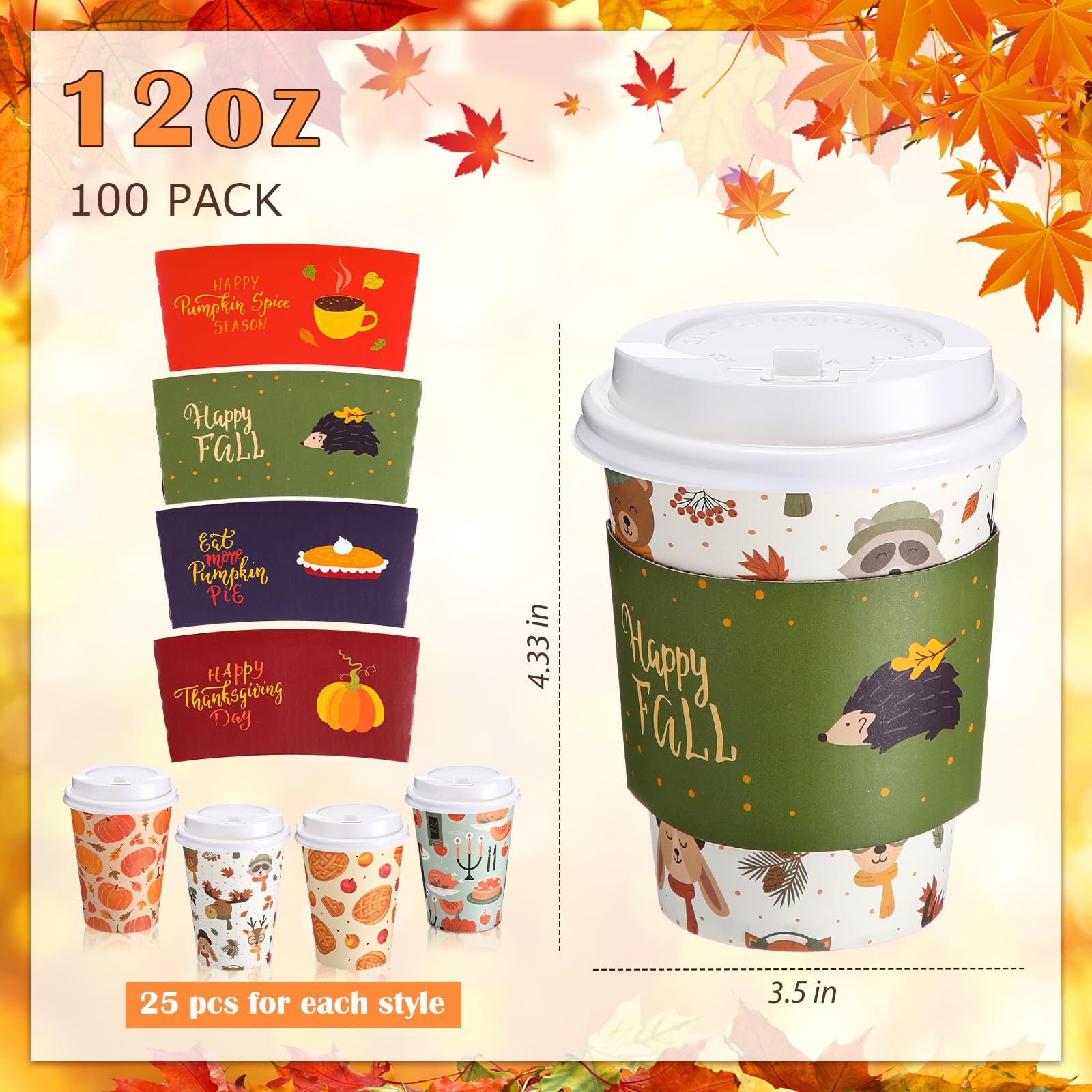 Lallisa 100 Pack 12 oz Thanksgiving Paper Coffee Cups with Lids and Sleeves Fall Disposable Coffee Cups Bulk for Autumn Thanksgi