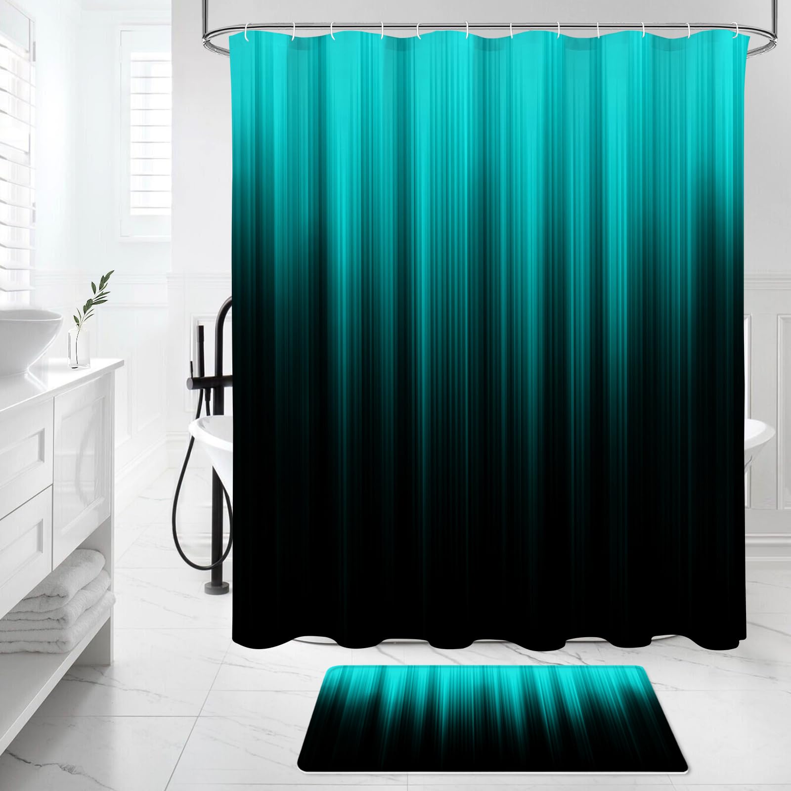 Litabel 4 Pcs Teal And Black Gradient Shower Curtain Set With Rugs And Toilet Lid Cover, Modern Simple Waterproof Fabric Bathroo