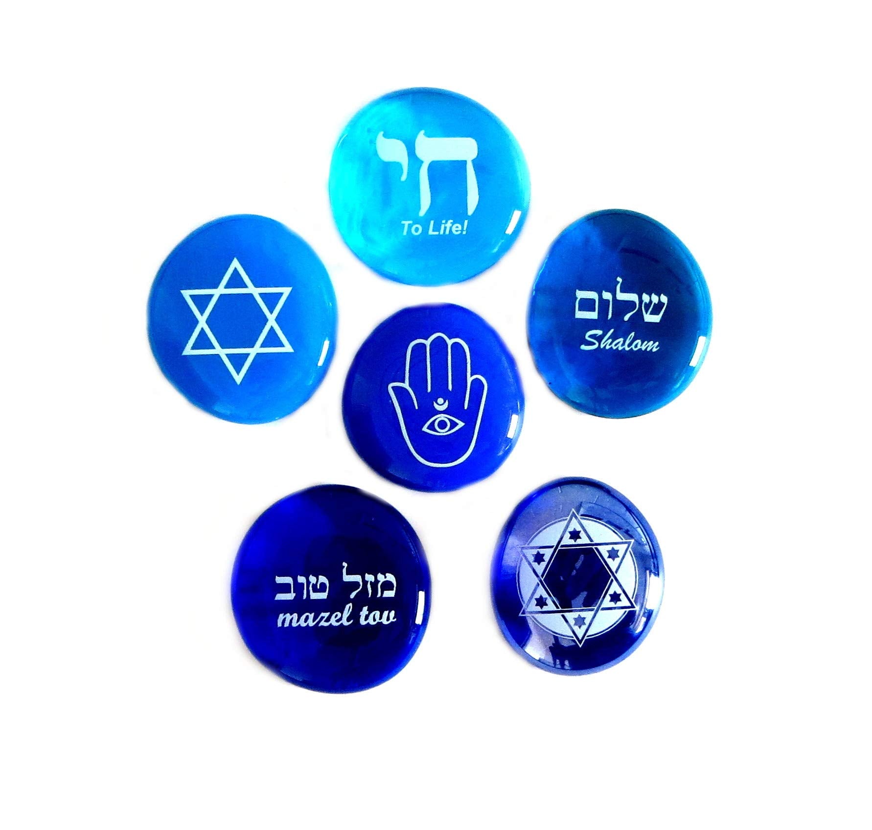 Judaica Glass Stones: Chai, Star of David, Hamsa, Mazel Tov and Shalom on Shades of Blue, Set of Six, by Lifeforce Glass