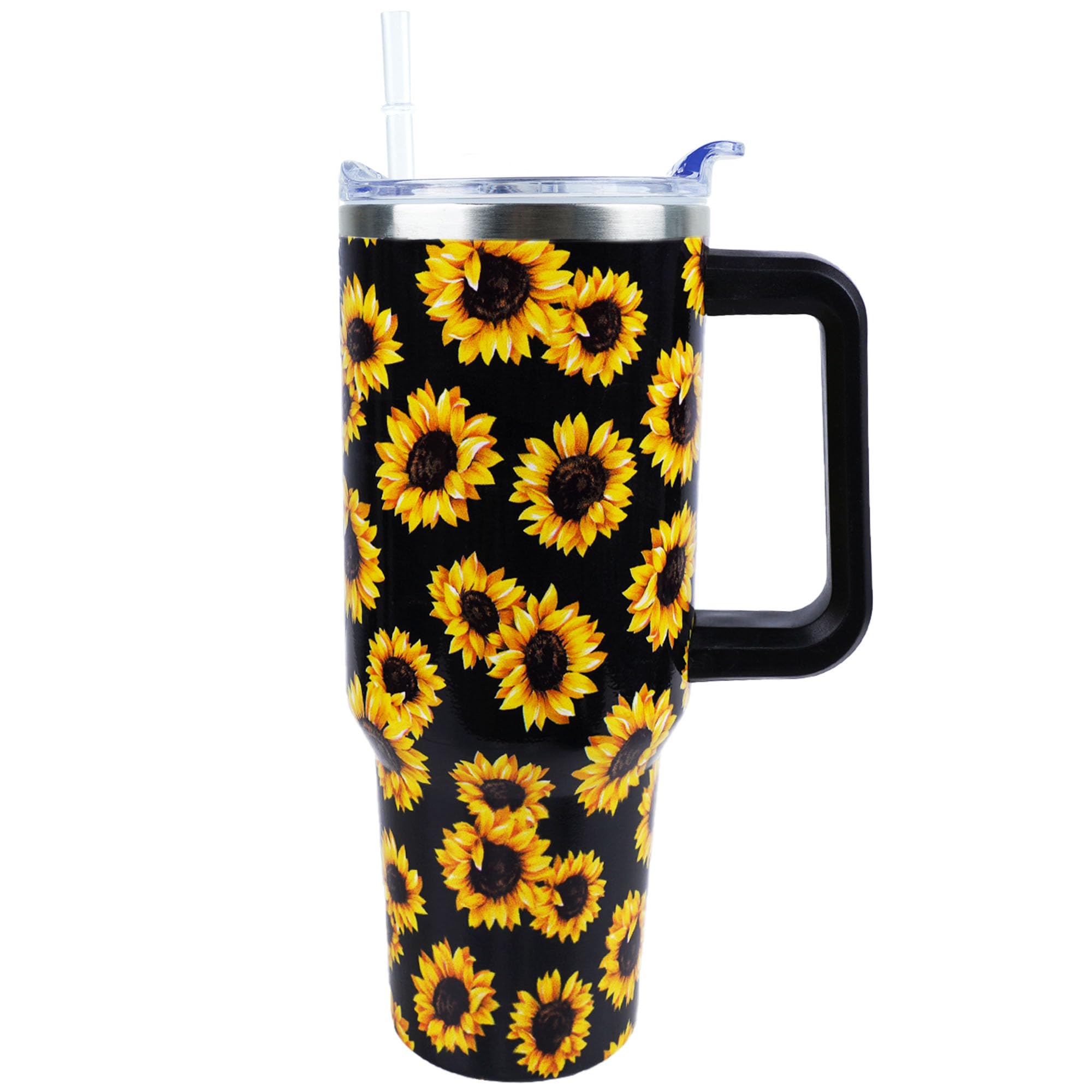 PERRIFIC Sunflower Tumbler 40 oz Tumbler with Handle and Straw Lid Leak Proof - Sunflower Coffee Mug Travel Cup Insulated for Ho