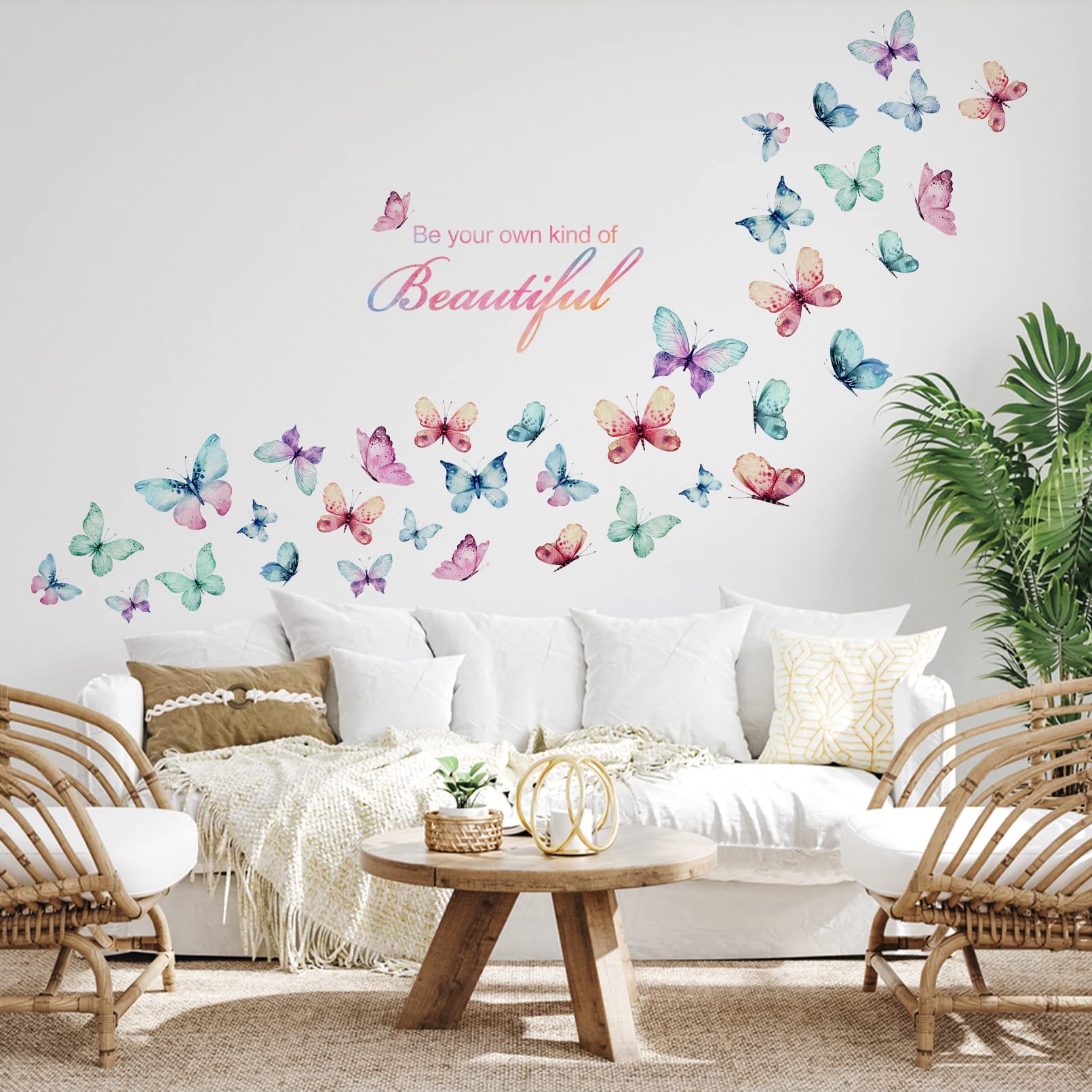 Mfault Girls Butterfly Be Your Own Kind Of Beautiful Inspirational Quote Wall Decal Sticker, Watercolor Positive Saying Decorati