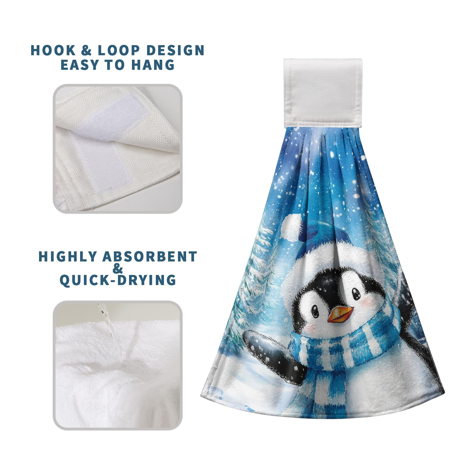 Winter Penguin Blue Kitchen Hanging Towels Set Of 2 Cute Snowman Snowflakes Christmas Hand Towels With Hanging Loop Tea Bar Dish