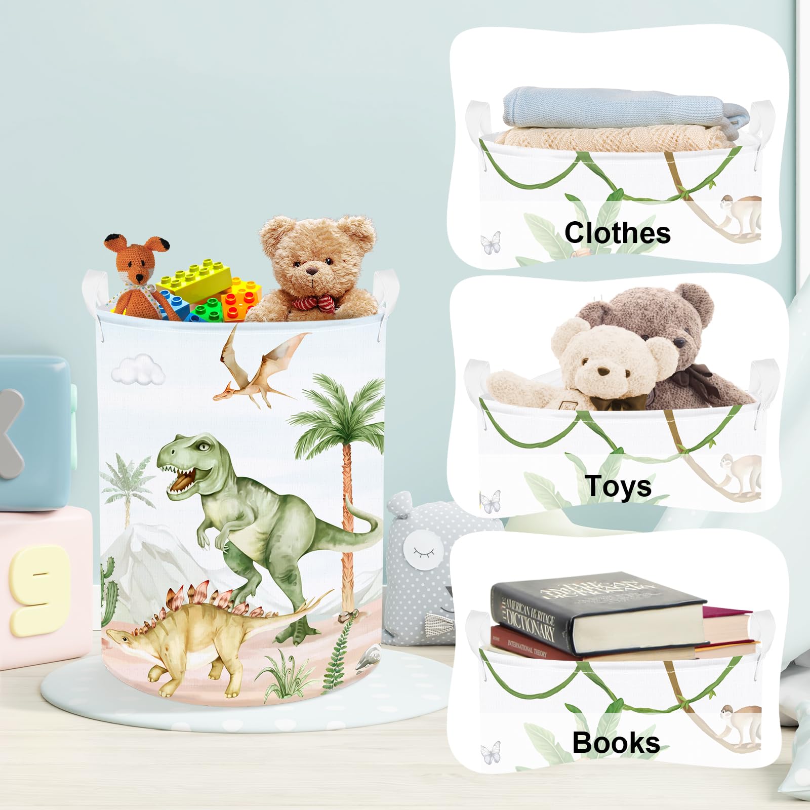 Clastyle Large Dinosaur Kid Storage Basket Baby Laundry Hamper Palm Tree Boy Gift Toy Box Collapsible Clothes Organizer Nursery