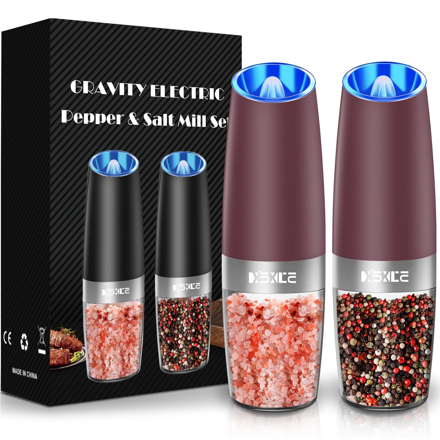 XinXu Gravity Electric Pepper Grinder, Salt or Pepper Mills & Adjustable Coarseness, with LED Light, One Hand Automatic Operatio