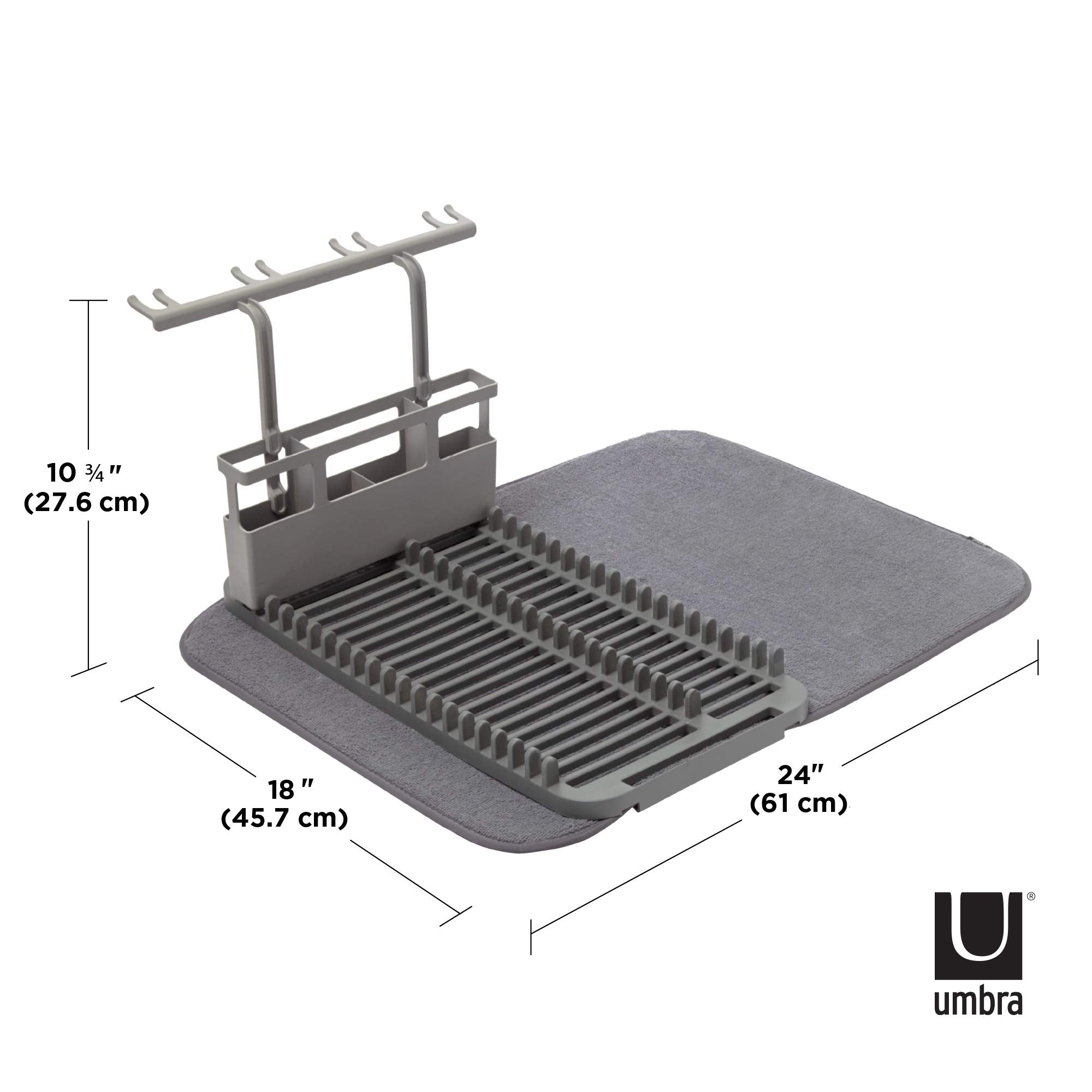 Umbra Udry Drying Rack And Microfiber Dish Mat With Stemware Holder And Utensil Caddy-Space-Saving Lightweight Design Folds Up F