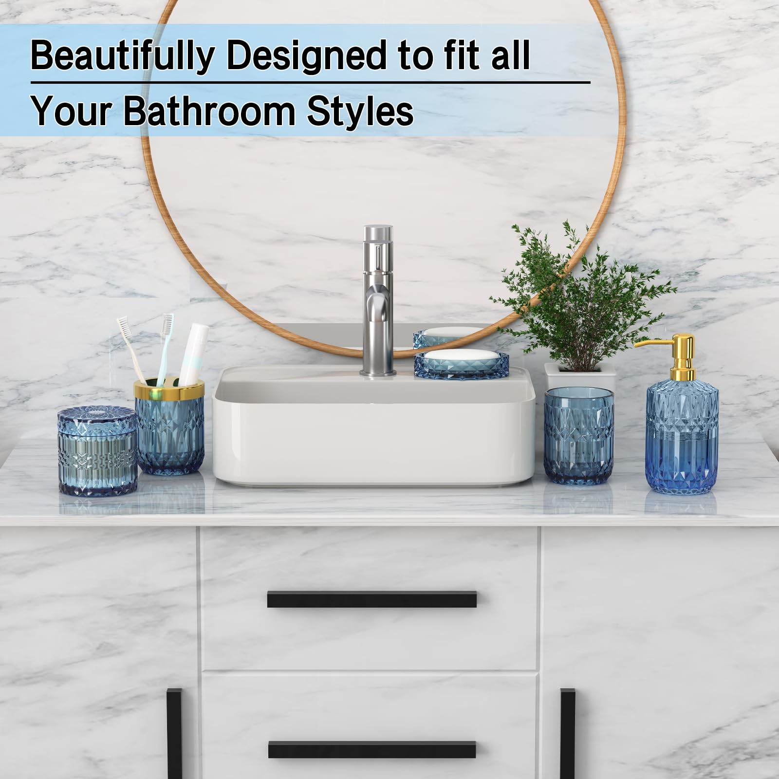 Blue Bathroom Accessories Set, 5 Pcs Clear Glass Bathroom Accessories With Lotion Soap Dispenser, Soap Dish, Toothbrush Holder,