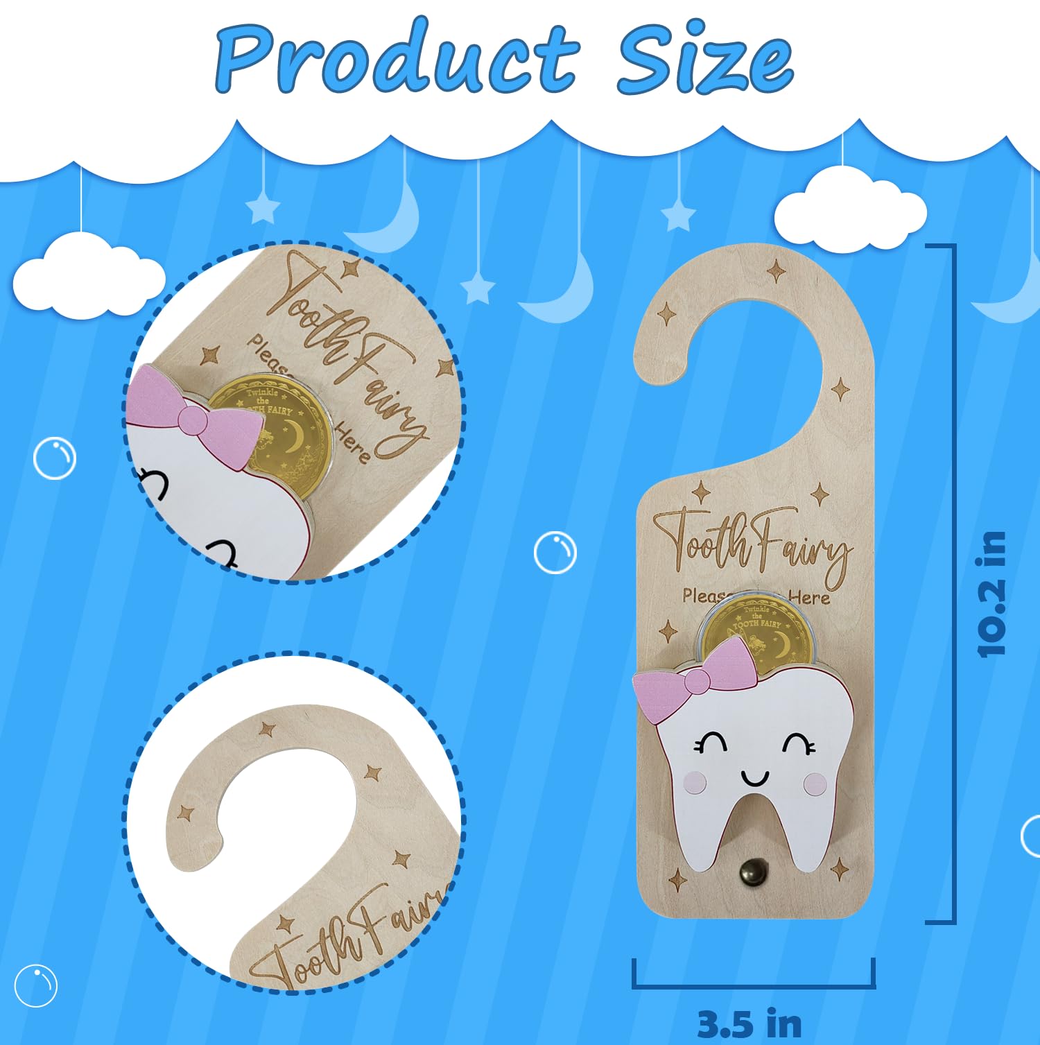 Tooth Fairy Door Hanger, Wooden Tooth Fairy Money Holder with Tooth Coins for Lost Tooth Kids Gifts (Pink-2)