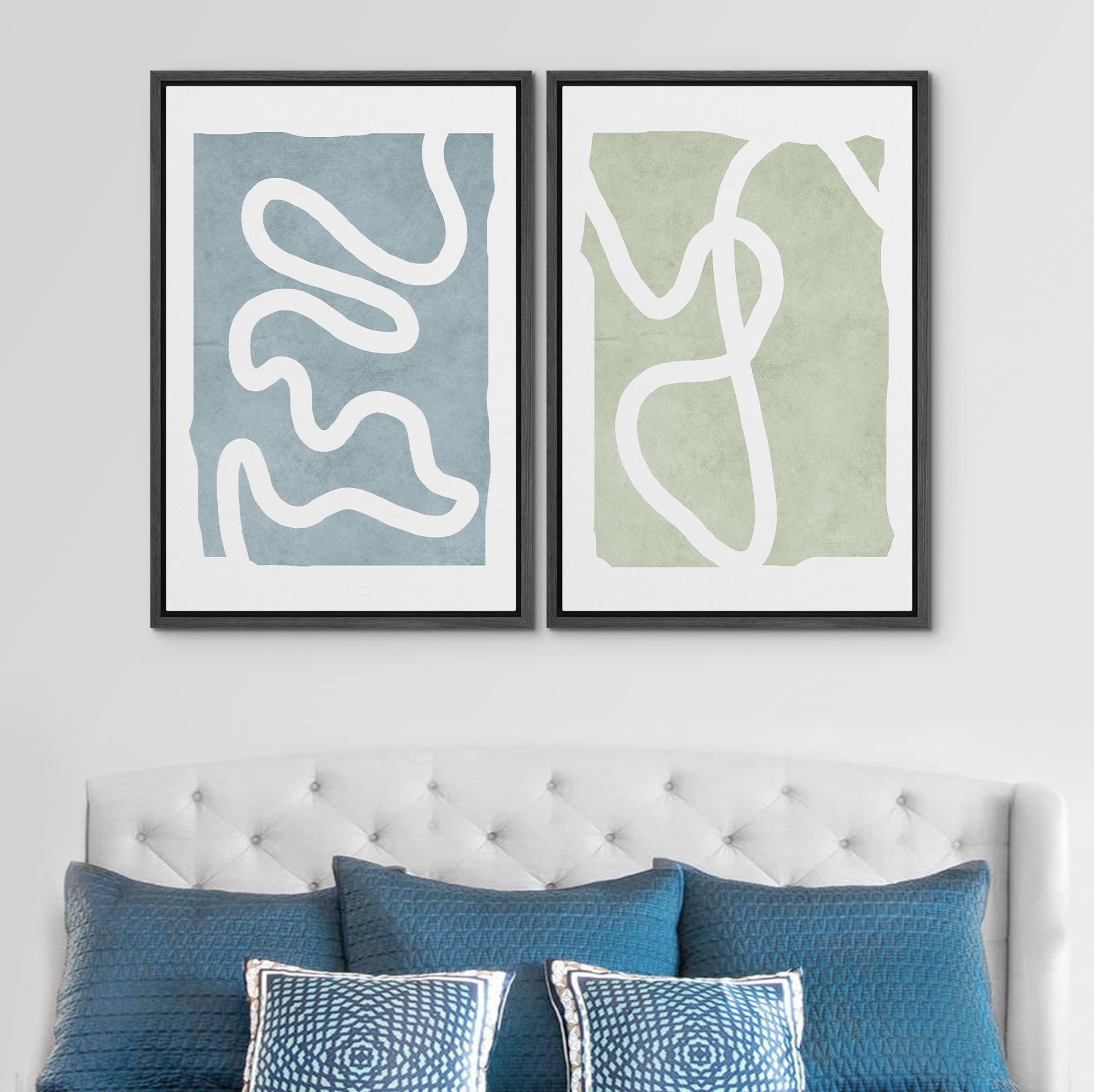 SIGNWIN Framed Wall Art Print Set White Lines Over Blue Green Background Abstract Swirly Digital Art Modern Art Mid-Century Modern Expressive for Living Room  Bedroom  Office - 24''x36''x2 Black