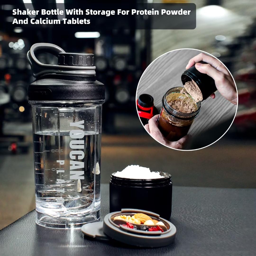 21oz Protein Shaker Bottle with Powder Storage Container-Shaker Cups for Protein Shakes-pre workout bottle-Mixer Cup-Gym Sport Water Bottle -Made with Tritan BPA Free with Wire Whisk Balls (Black)