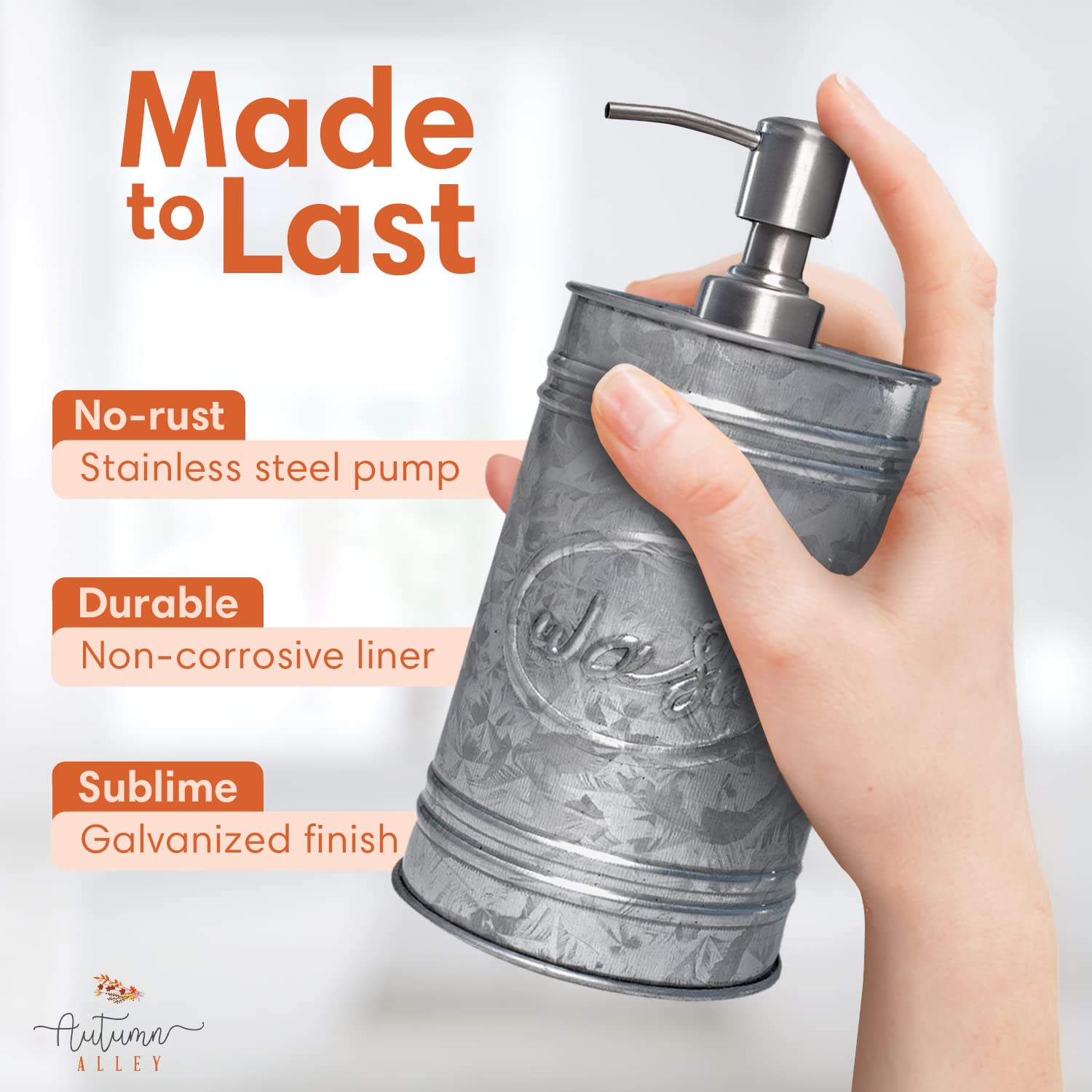 Autumn Alley Galvanized Farmhouse Soap Dispenser Kitchen - Rustic Soap Dispenser For Bathroom - Stainless Steel Pump For Hand Wa