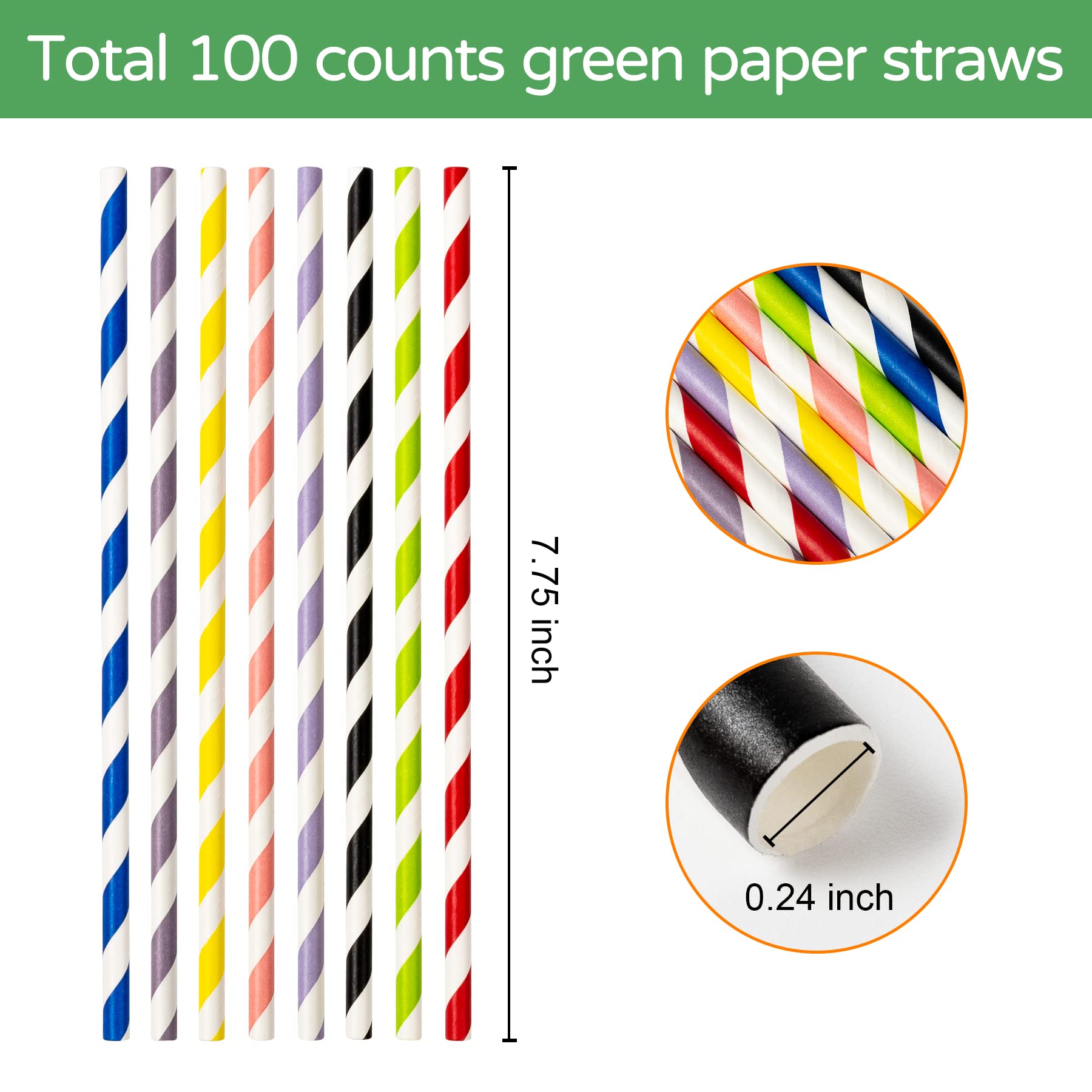 Paktalk [100 Pack] Black Paper Straws, Biodegradable Black And White Stripe Paper Straws For Birthdays, Weddings, Baby Showers,