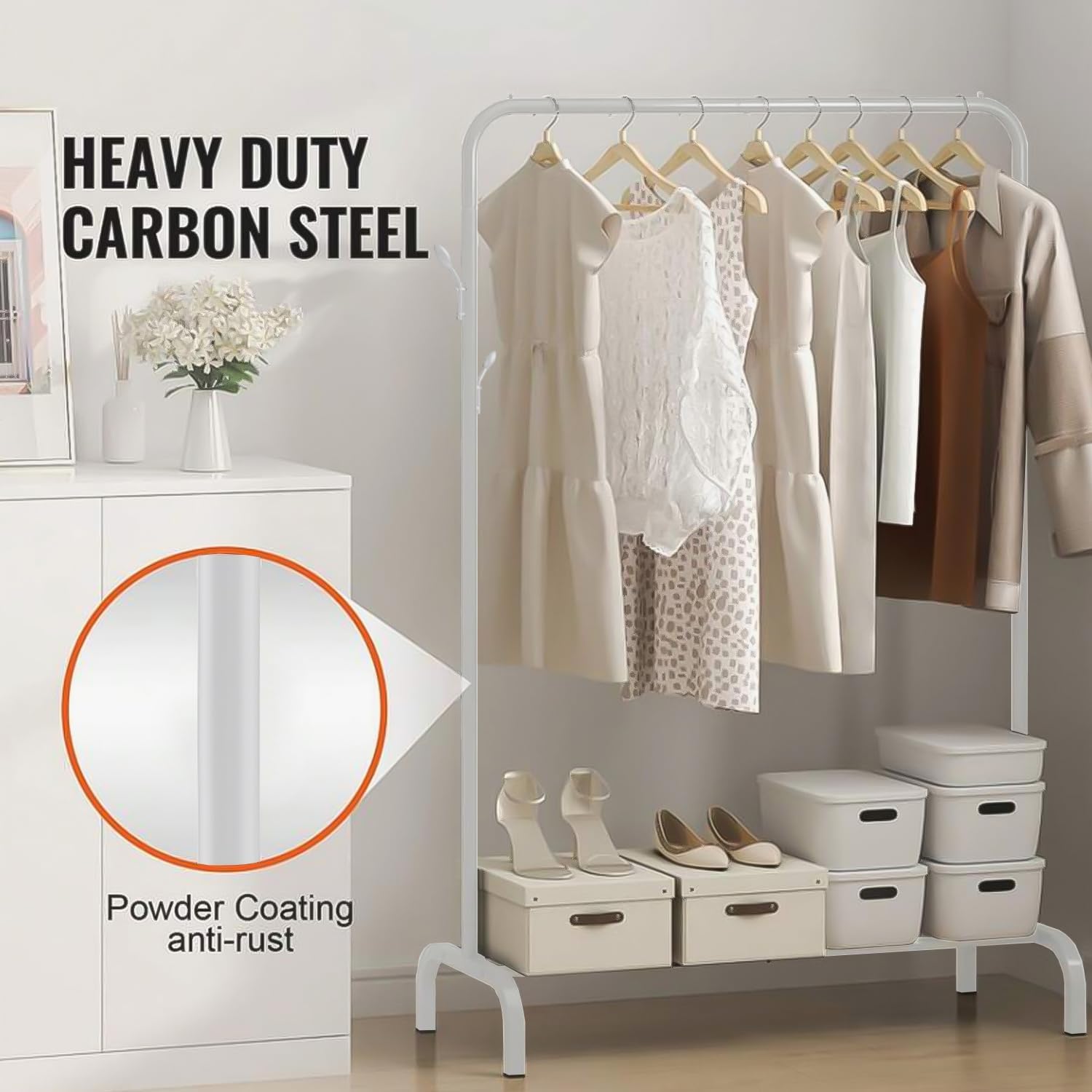 Lukzer Single Pole Coat Hanger/Cloth Stand/Garment Stand With Bottom Shelves - Metal Garment Rack For Organized Storage 4 Hook (