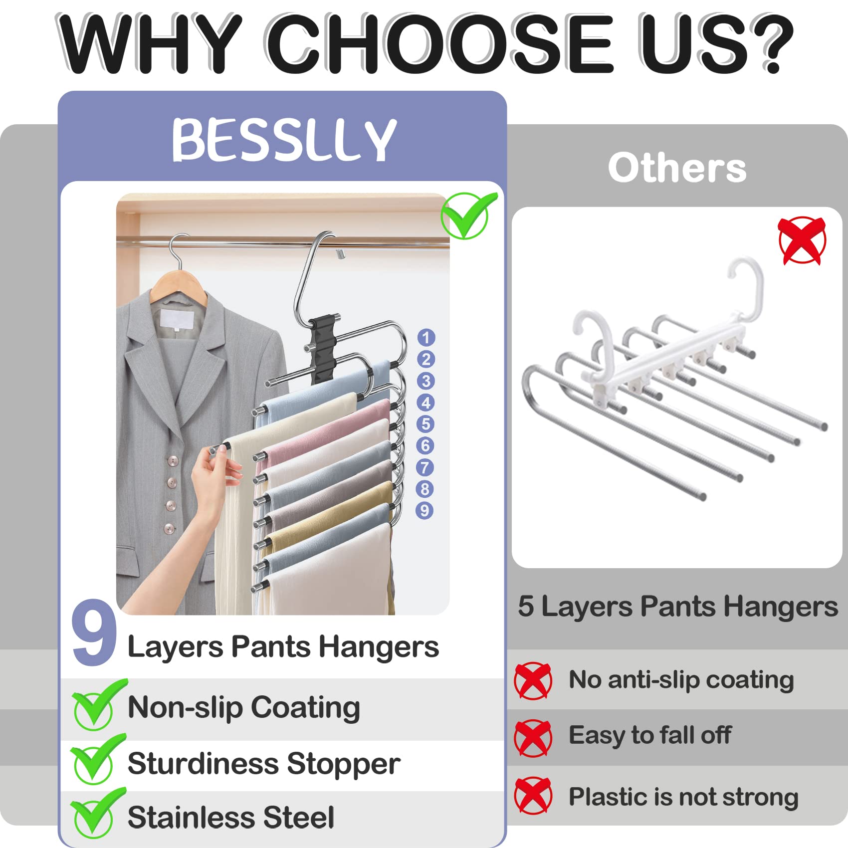 Upgrade 9 Layers Pants Hangers Space Saving, 2 Pack Non Slip Stainless Steel Multifunctional Pants Rack Closet Pant Hanger Organ