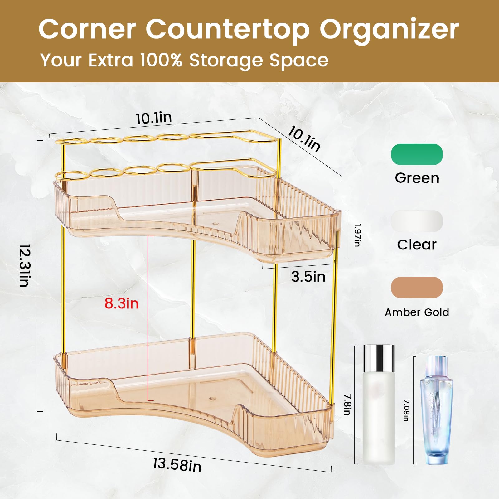 Nature'S Source Makeup Organizer For Vanity, 2-Tier Corner Bathroom Organizer Countertop With Makeup Brush Holder, Corner Counte