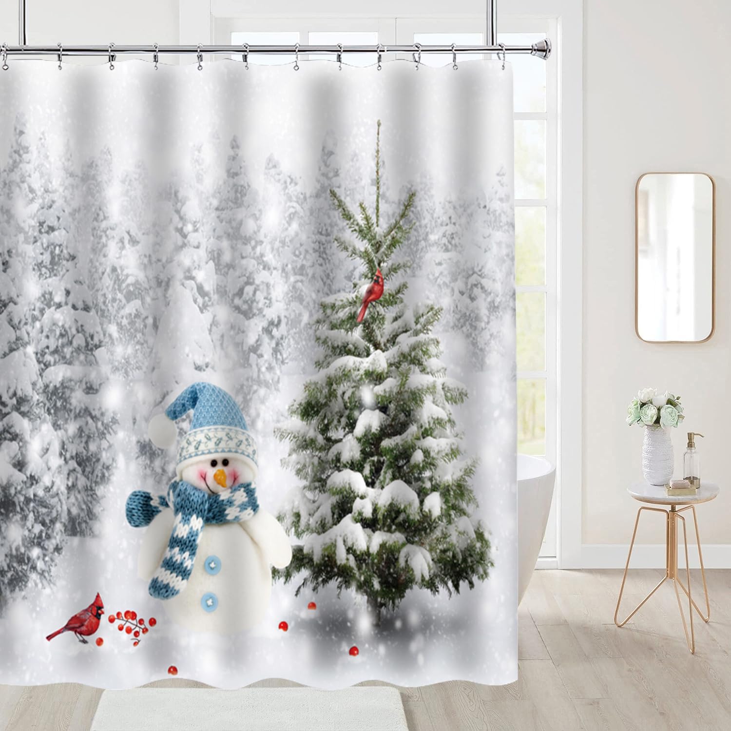 Cnayuep Christmas Shower Curtain, Winter Shower Curtain Set, Waterproof Cute Bathroom Shower Curtain Sets, Snowman Christmas Tre