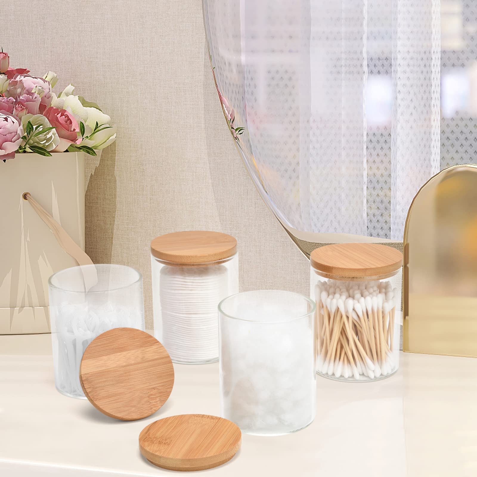 BKYFPQ 4 Pack Glass Qtip Holder Dispenser Bathroom Jars with Bamboo Lids  Cotton Ball Pad Round Swab Holder for Bathroom Accessories Storage Organizer Farmhouse Bathroom Decor  Boho Bathroom Decor.