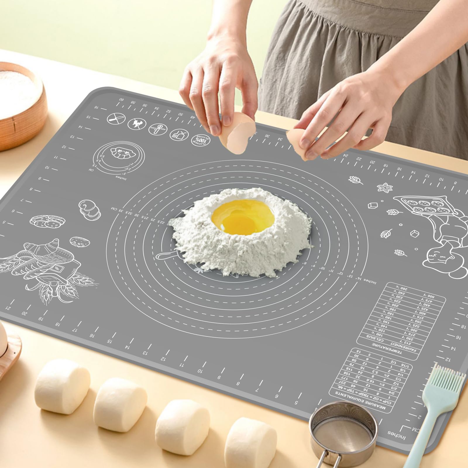 Silicone Baking Mat 24 x 16 Extra Thick Non-stick Pastry Mat with Measurements and Edge Heightening, Food Grade Silicone for Cou